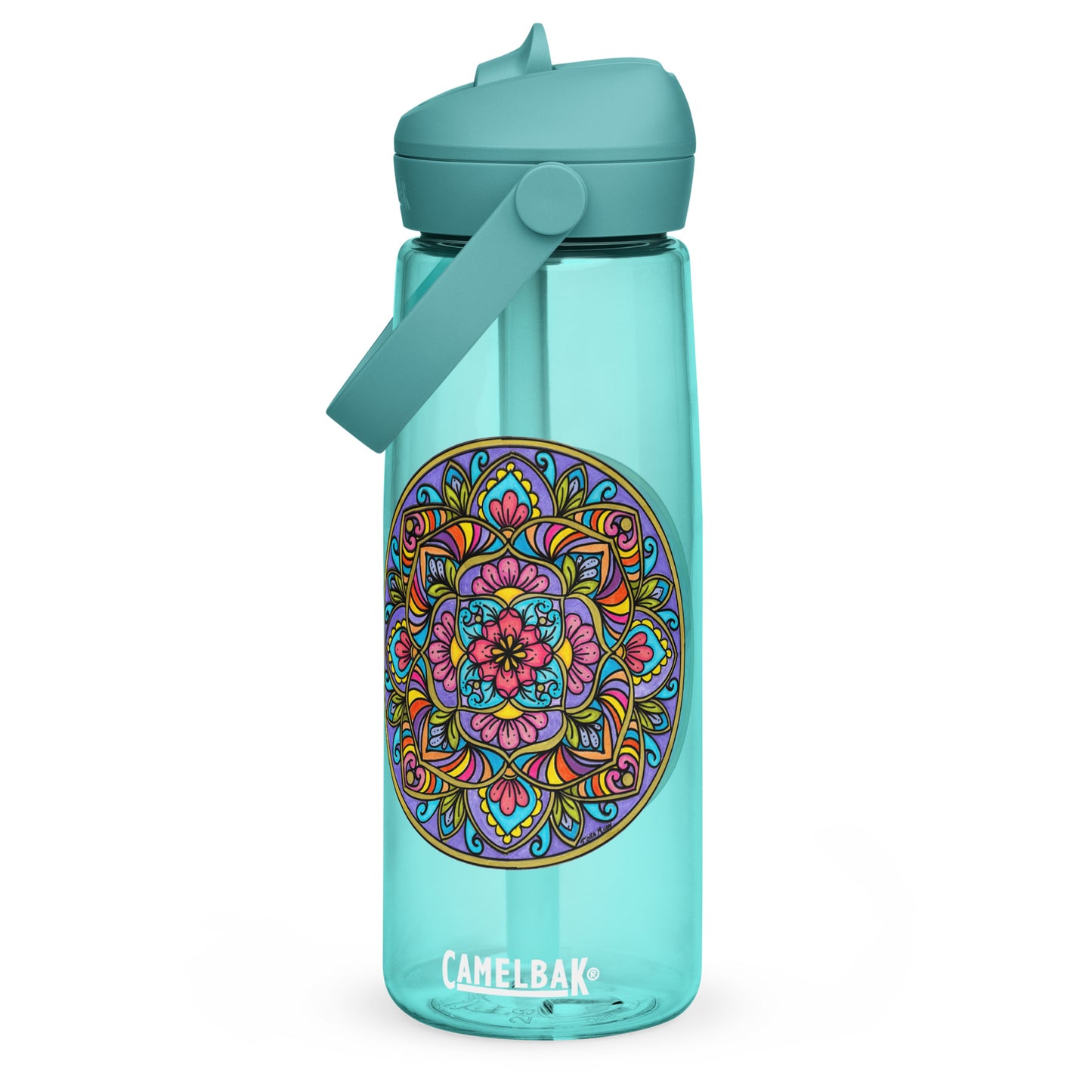 Floral Scrolls Mandala Flip Straw Water Bottle cove blue