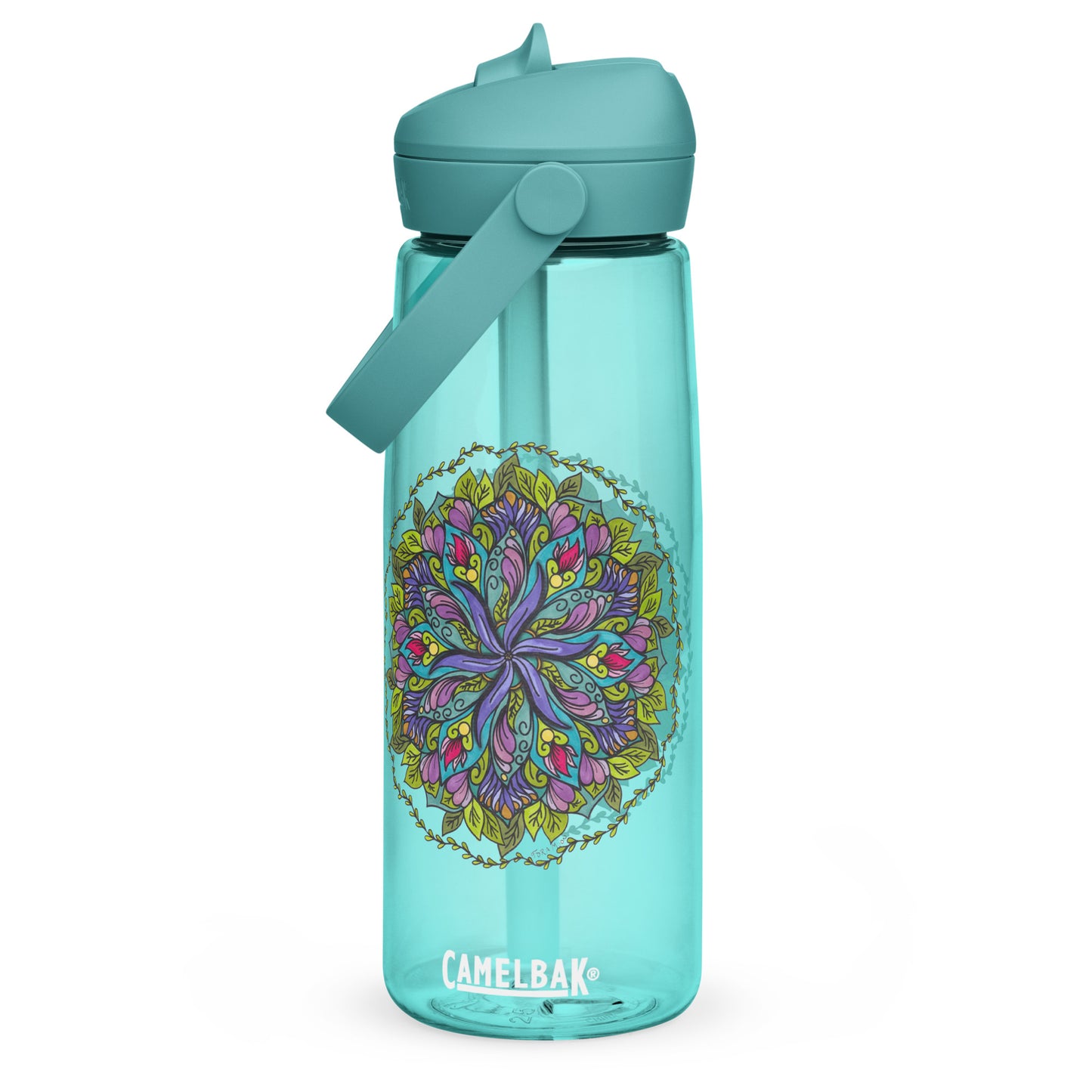 Bloom in Balance Swirling Flower Mandala Flip Straw Water Bottle cove blue