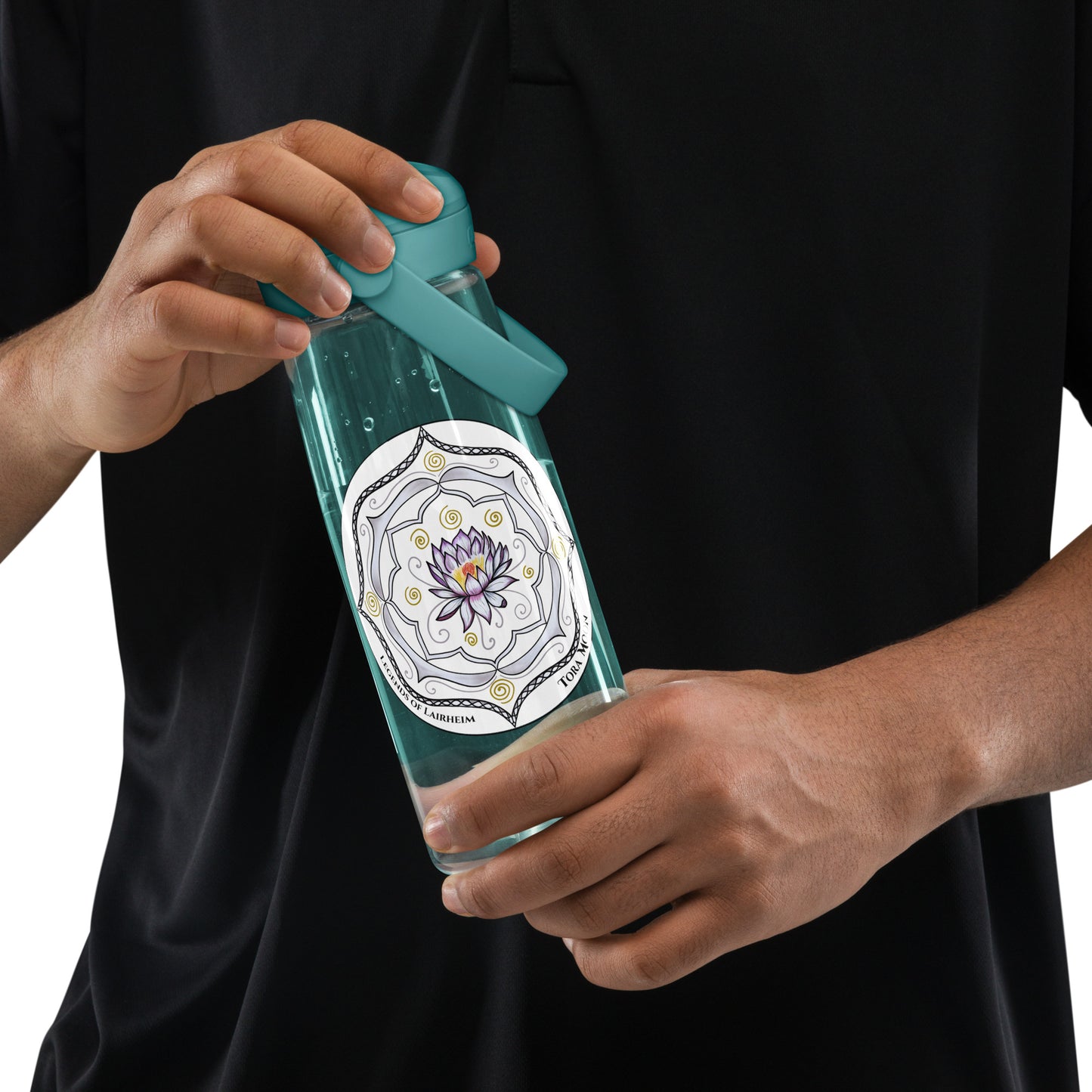person holding a White Talent Mandala Flip Straw Water Bottle cove blue