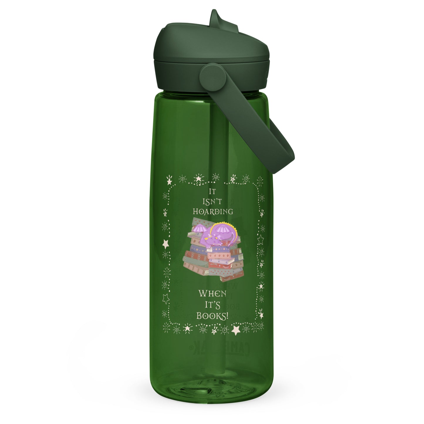 Whimsical Purple Book Hoarding Dragon Flip Straw Water Bottle forest green