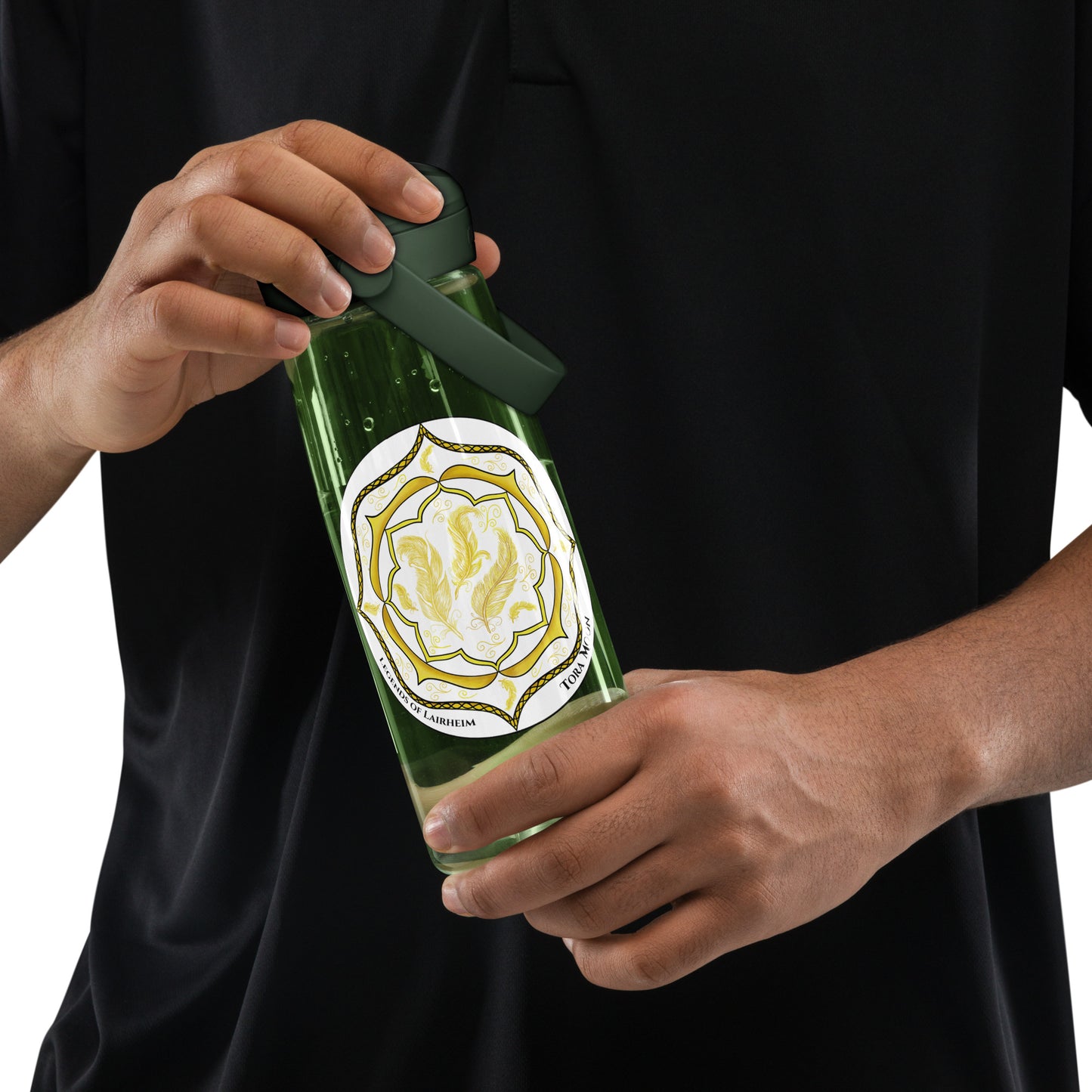 person holding a Yellow Talent Mandala Flip Straw Water Bottle forest green