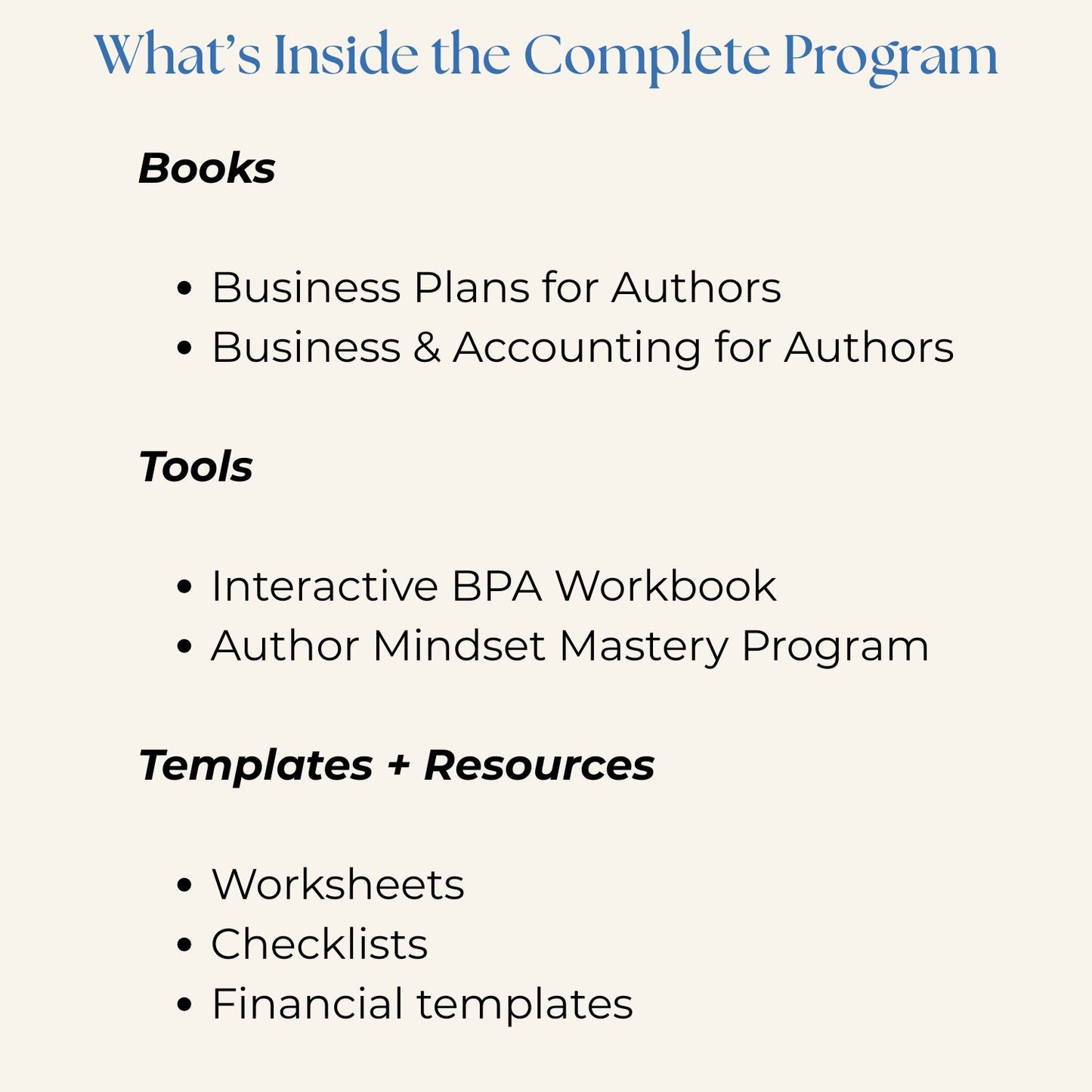 Indie Author Business System contents overview listing books, workbook, mindset program, templates, and resources included in the complete program for spiritually aligned indie authors.