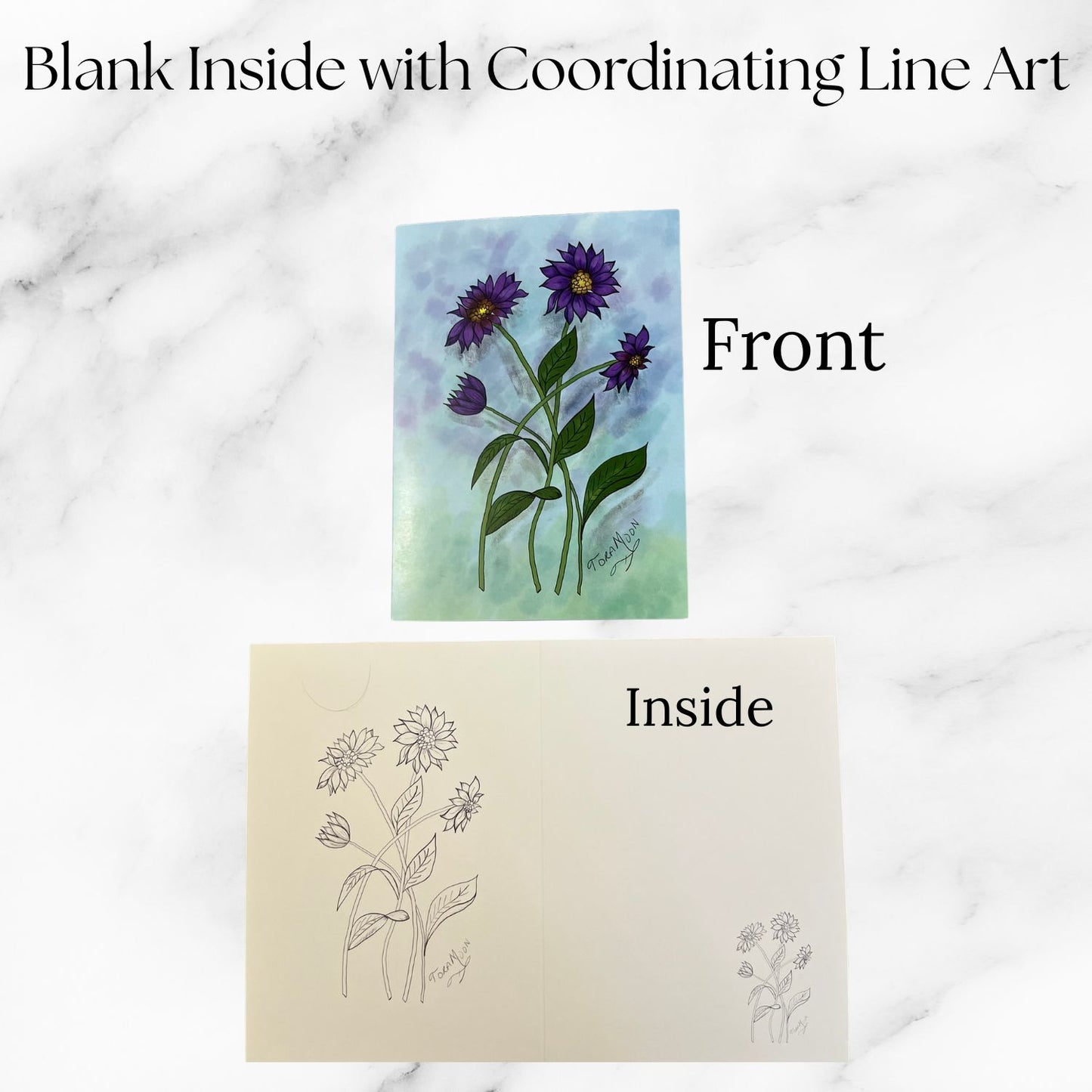 Front and inside view of the Purple Daisies note card from Tora Moon’s Blooming Expressions set. Front shows digital watercolor-style purple daisies; inside features coordinating black line art for a creative, elegant touch.