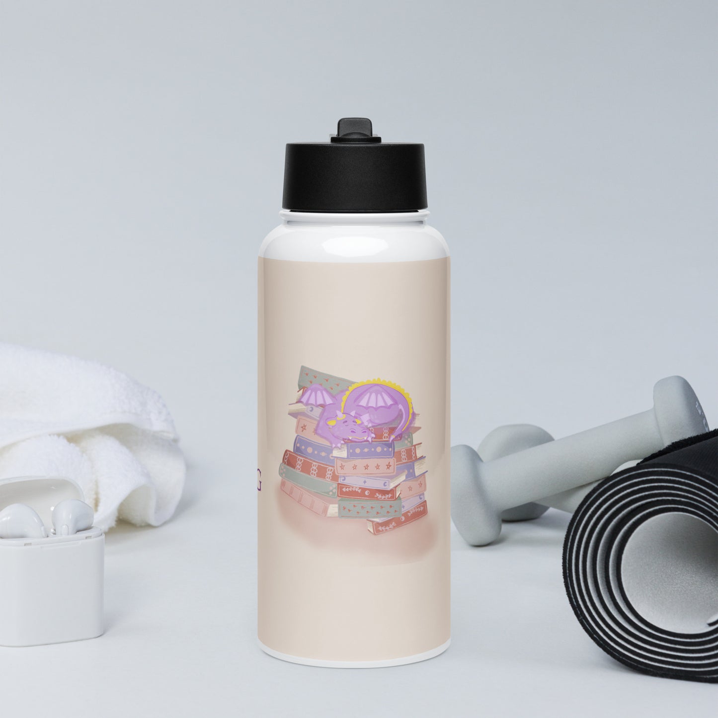 Whimsical Purple Book Hoarding Dragon 32-oz Stainless Steel Water Bottle