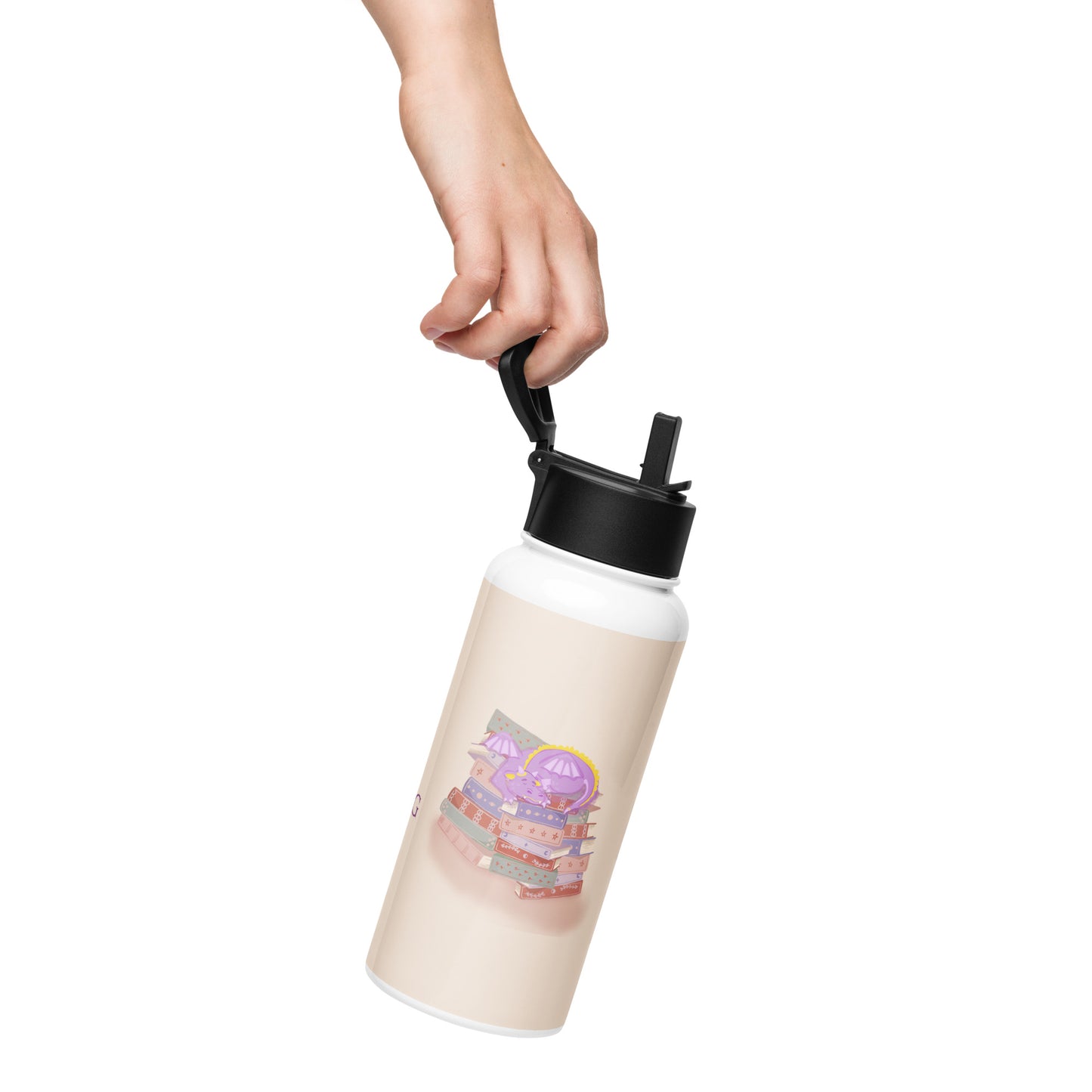 Whimsical Purple Book Hoarding Dragon 32-oz Stainless Steel Water Bottle