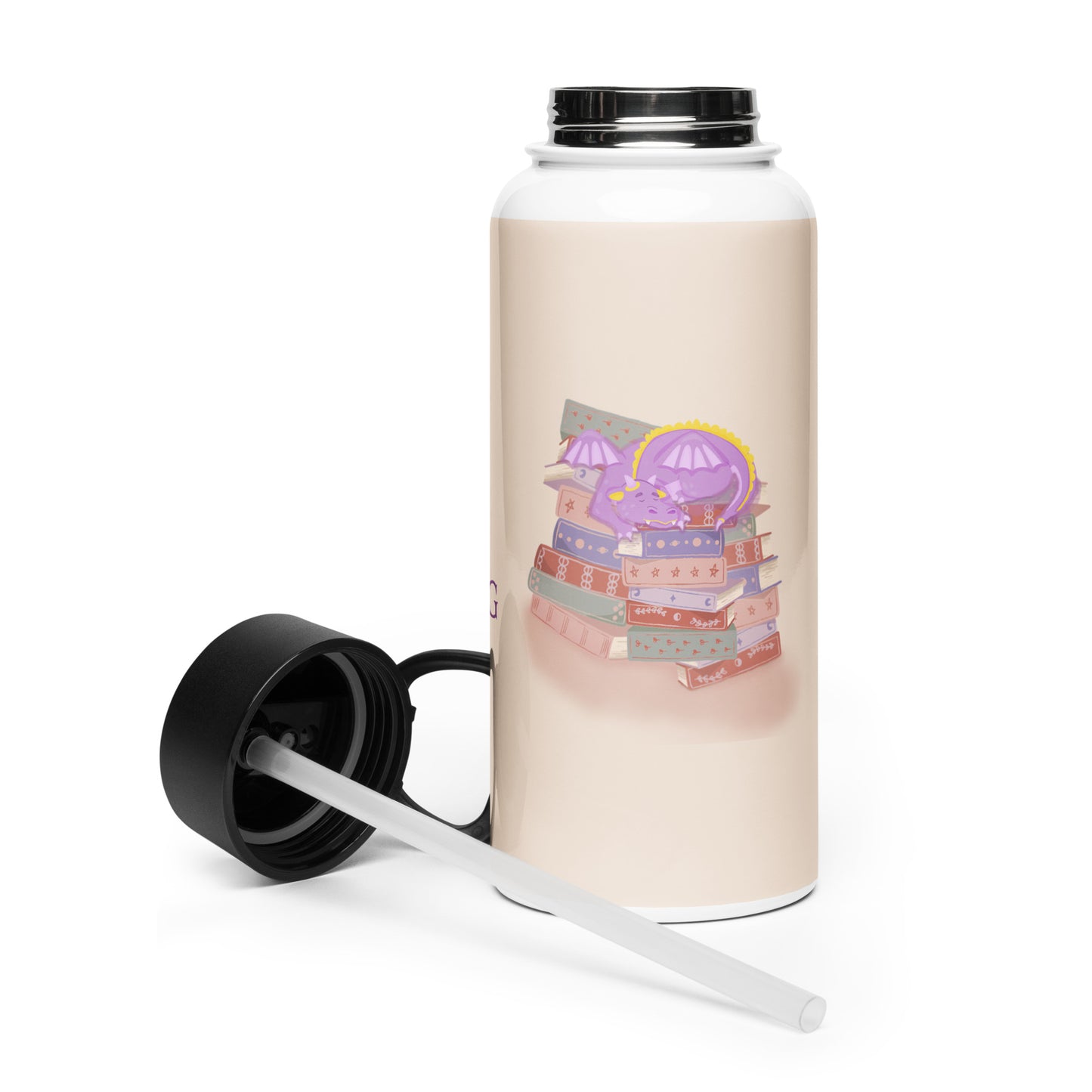 Whimsical Purple Book Hoarding Dragon 32-oz Stainless Steel Water Bottle