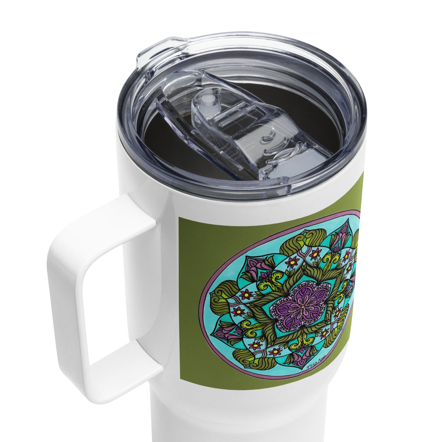Sacred Harmony Pentagram Mandala 25-oz Travel Mug with Handle