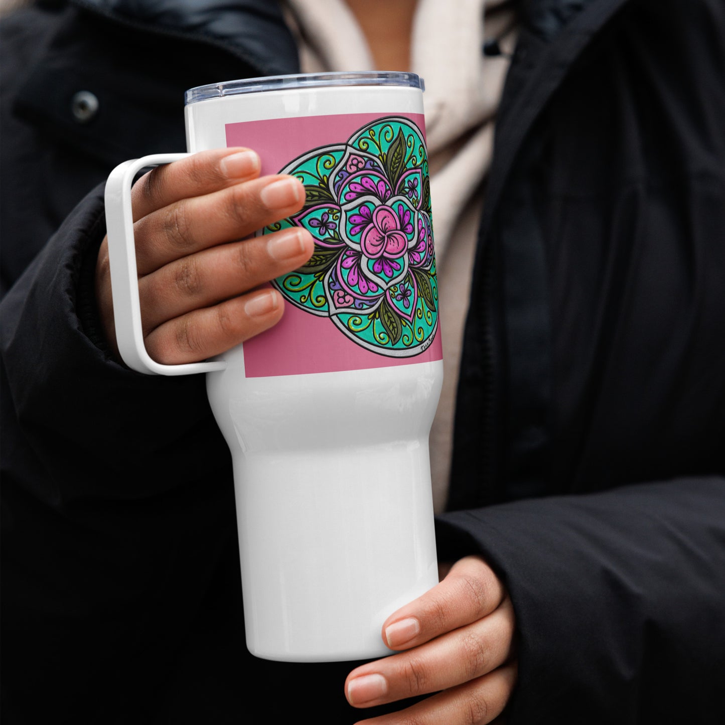 Triquetra Bloom Mandala 25-oz Travel Mug with Handle