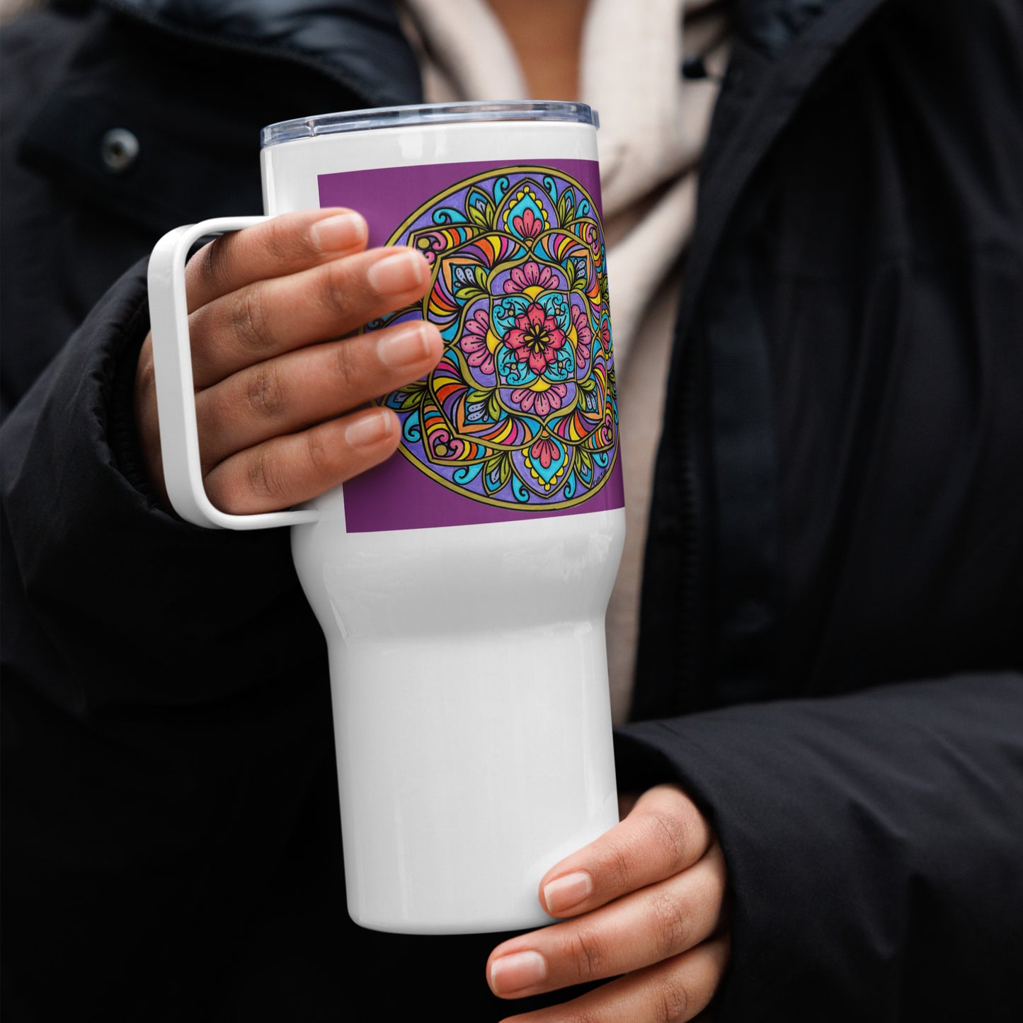 Floral Scrolls Mandala 25-oz Travel Mug with Handle