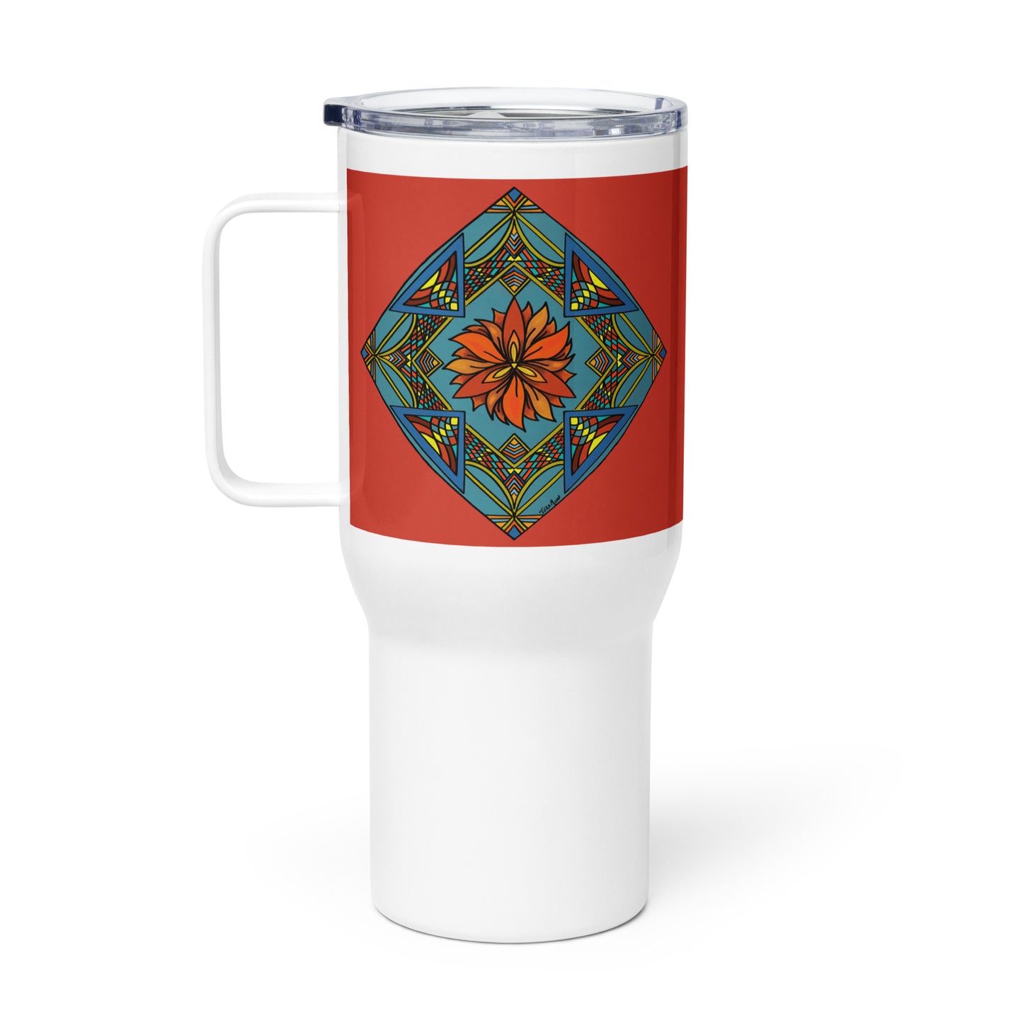 Product mockup travel mug with fiery radiance mandala design