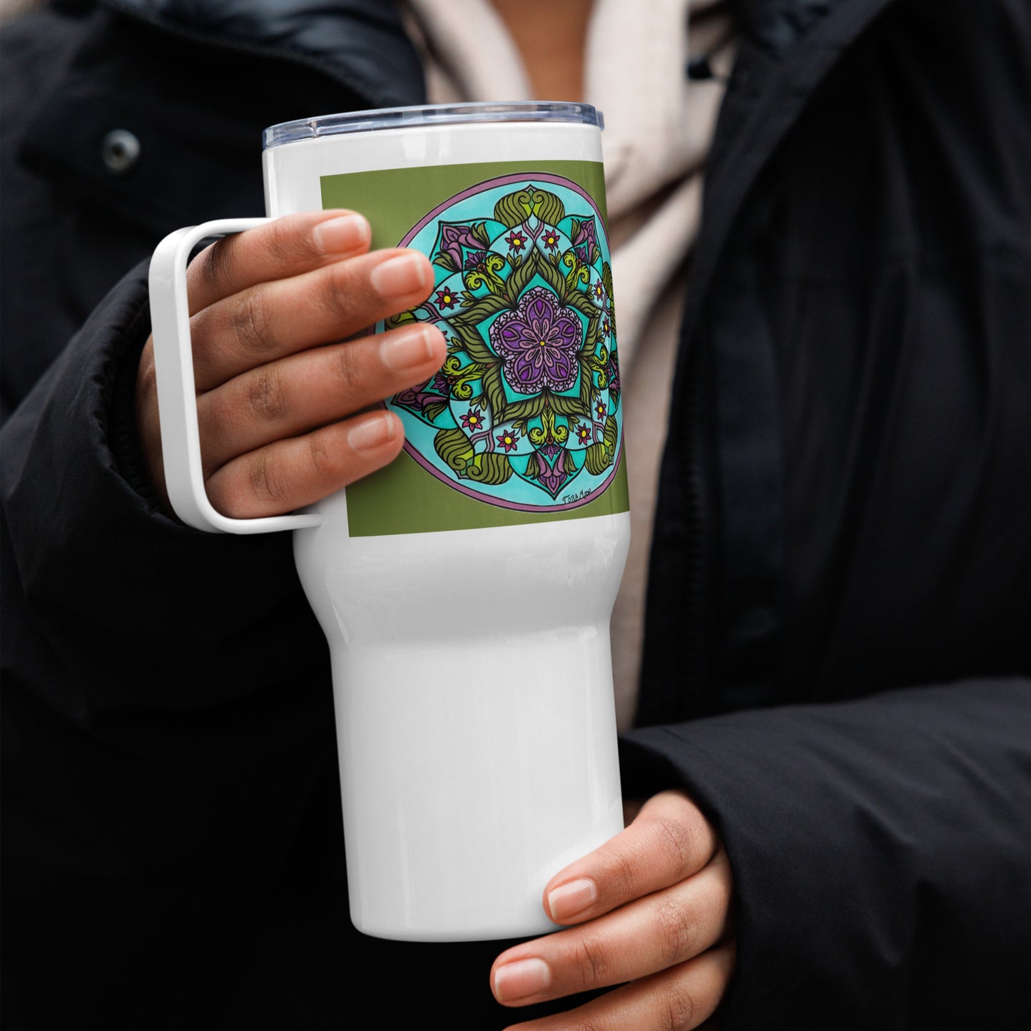 product mockup-model holding travel mug with Sacred Harmony Pentagram design