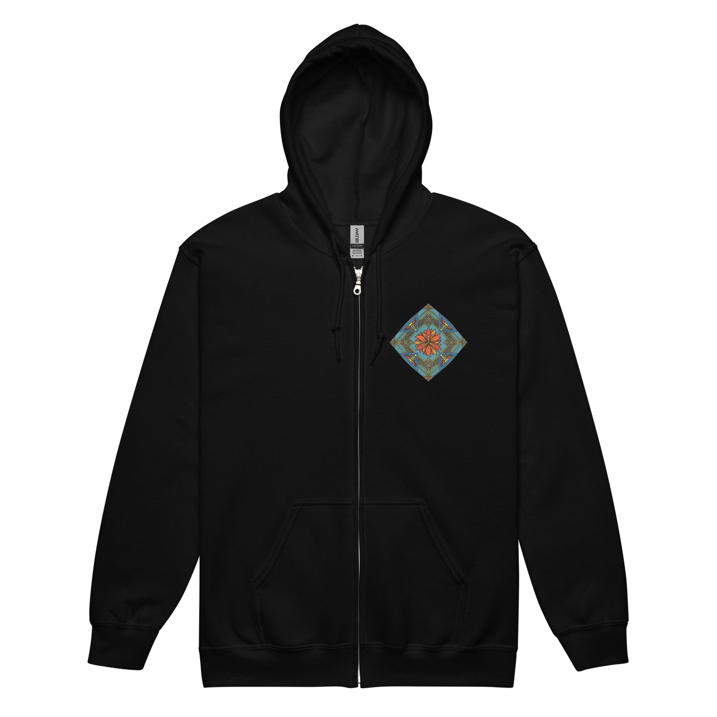 Product mockup-black zip hoodie with Fiery Radiance Mandala design