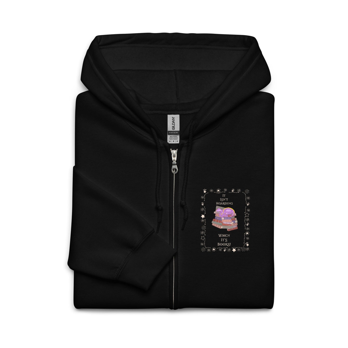 zip hoodie featuring purple book hoarding dragon