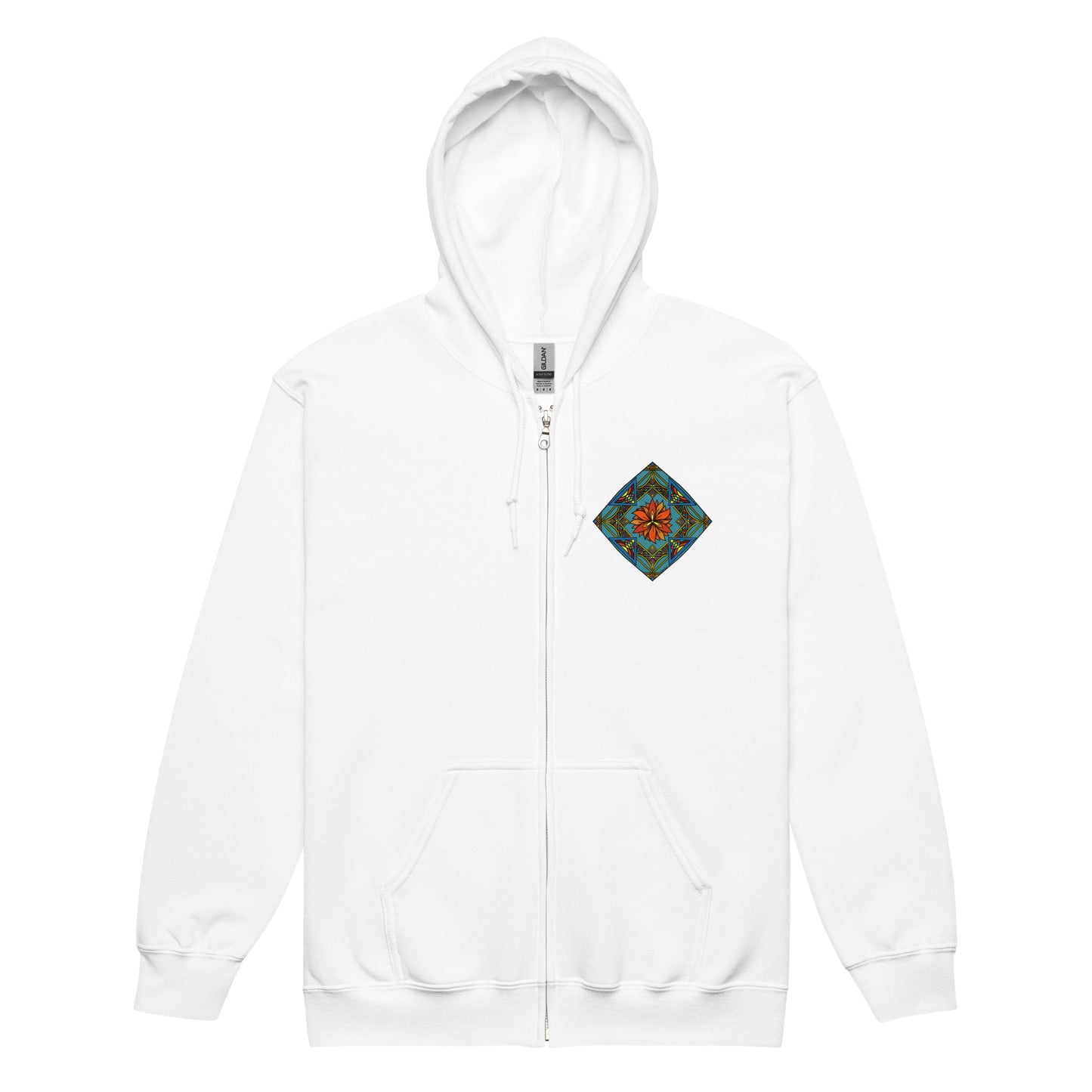 Product mockup-white zip hoodie with Fiery Radiance Mandala design