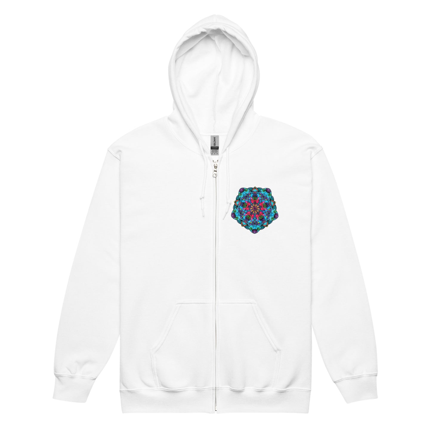Product mockup-white zip hoodie with Enchanted Wings Mandala design