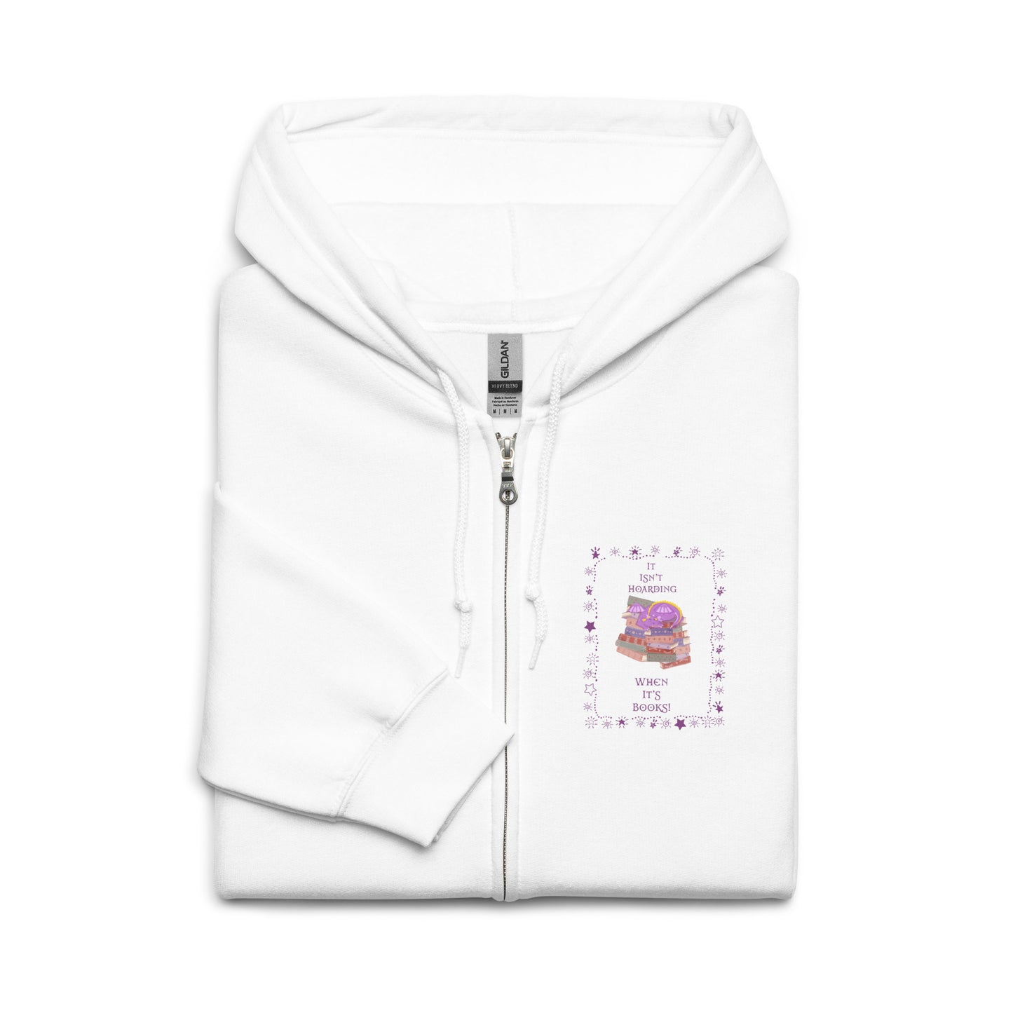 zip hoodie featuring purple book hoarding dragon design