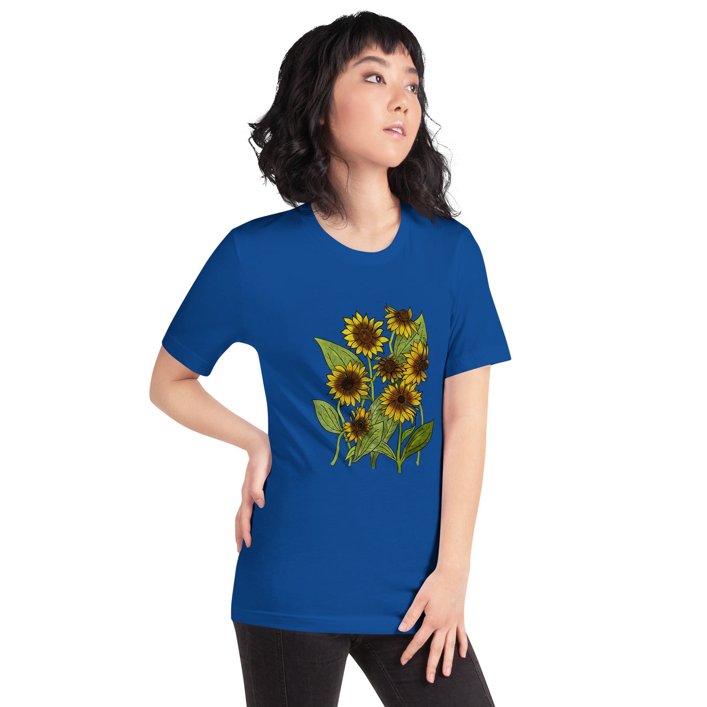 Product mockup - sunflowers on royal blue tshirt