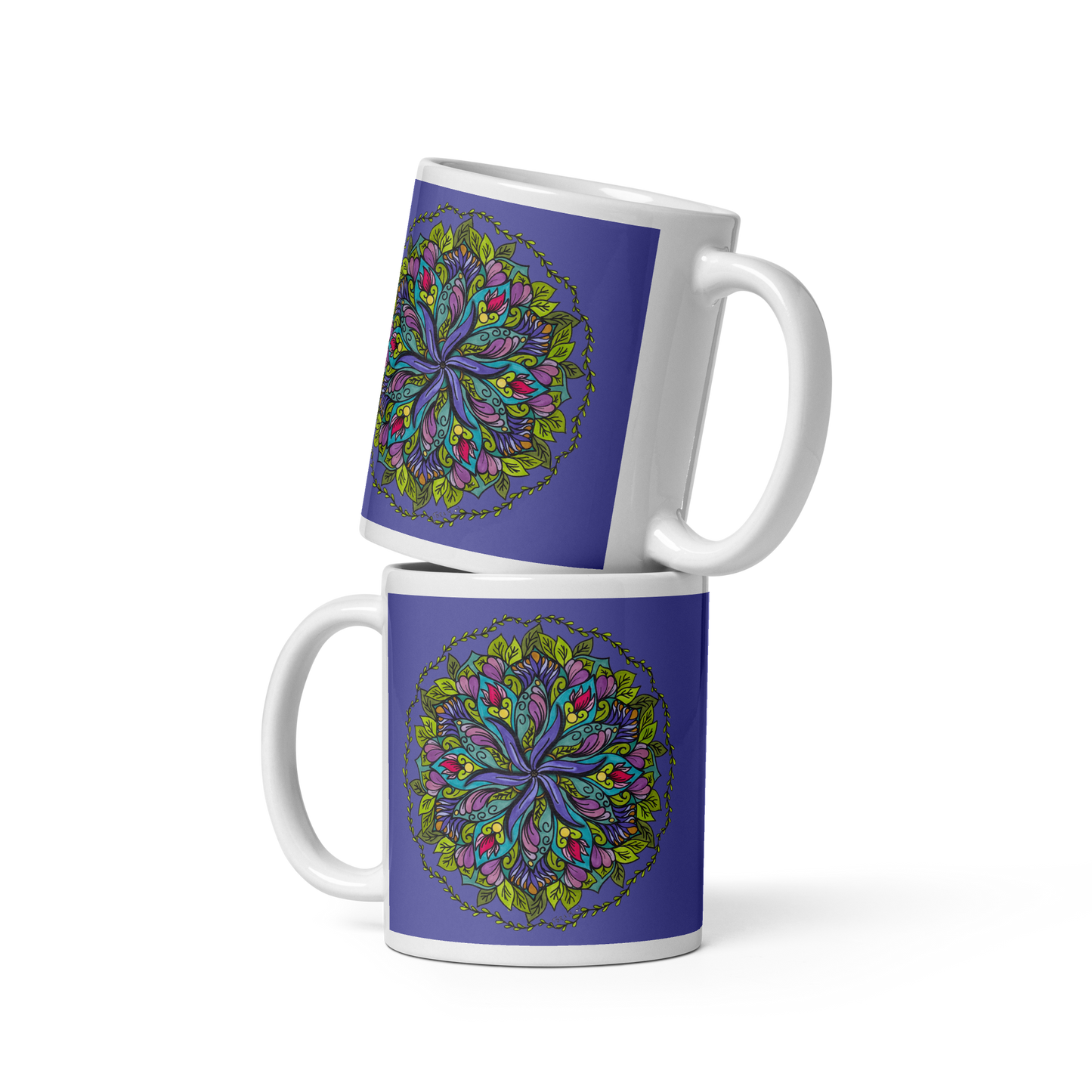 Bloom in Balance Swirling Flower Mandala Glossy White Mug