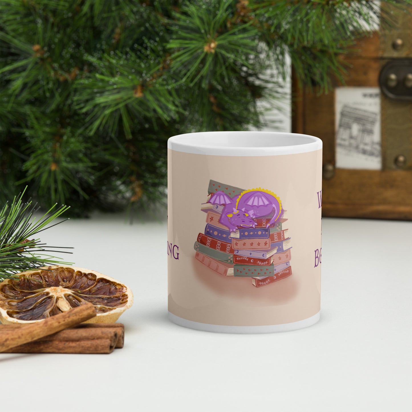 Whimsical Purple Book Hoarding Dragon Glossy White Mug