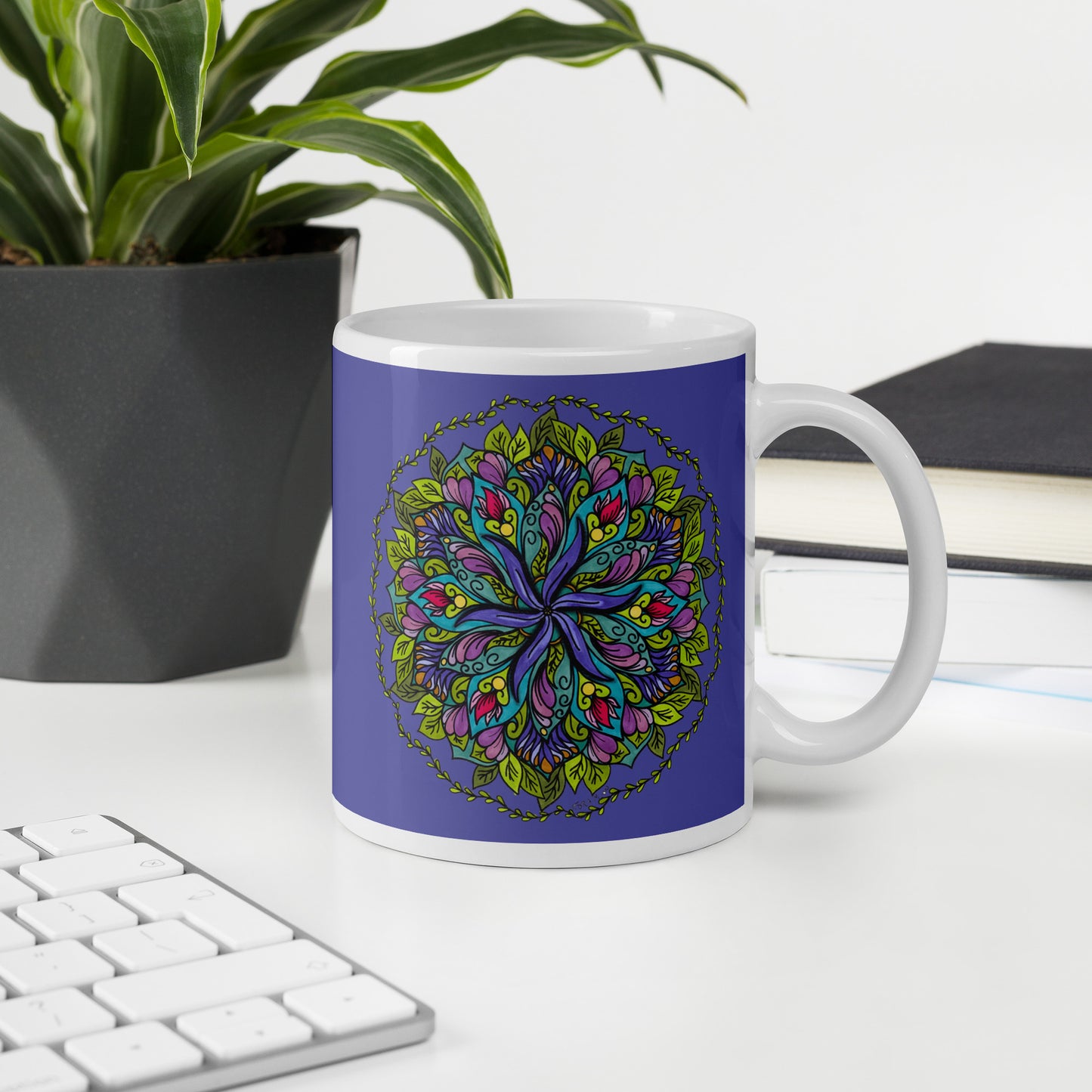 Bloom in Balance Swirling Flower Mandala Glossy White Mug