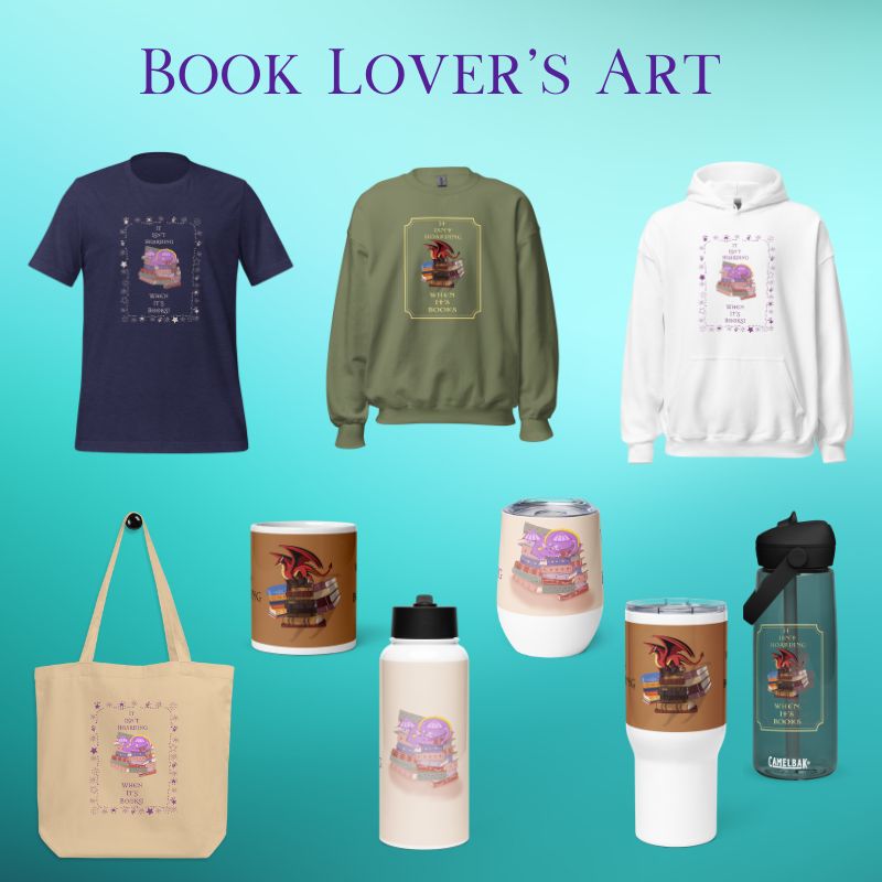 showcasing collection of products with Tora's book lover's art