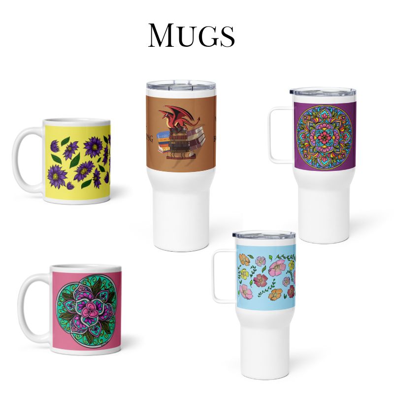 Image showing a selection of mugs featuring Tora Moon's art