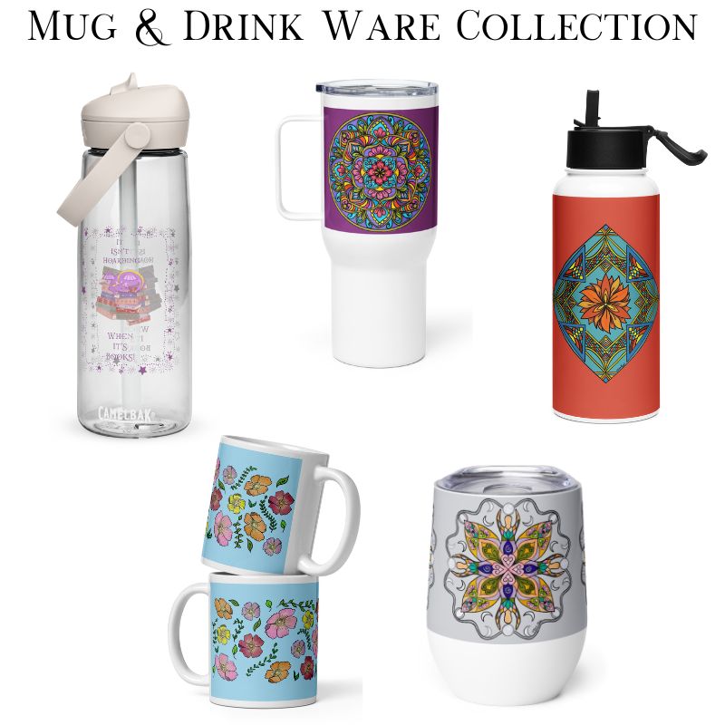 a selection of drinkware with Tora's art