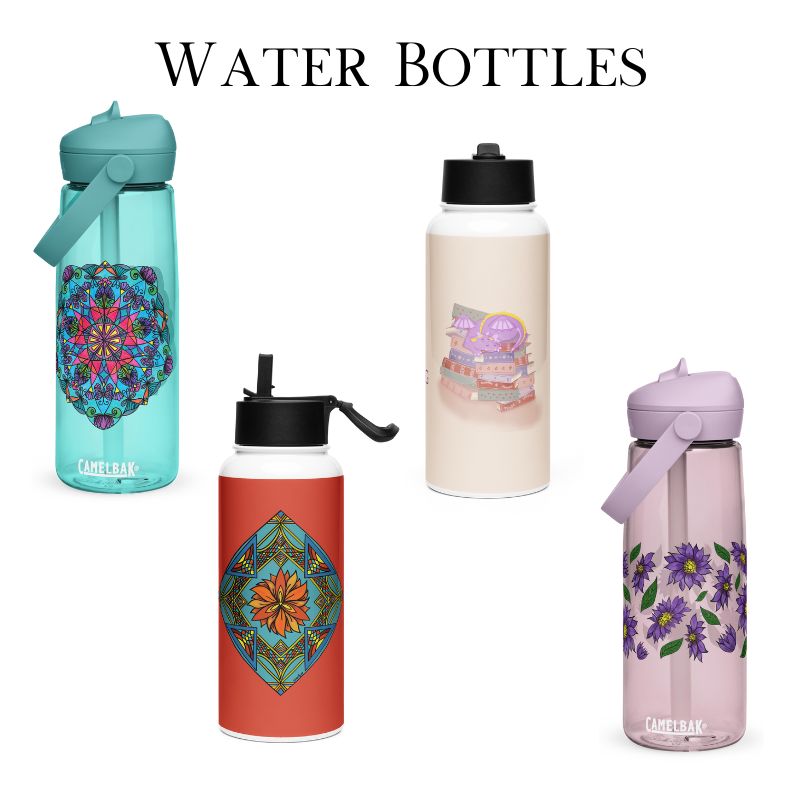 a selection of water bottles with Tora's art