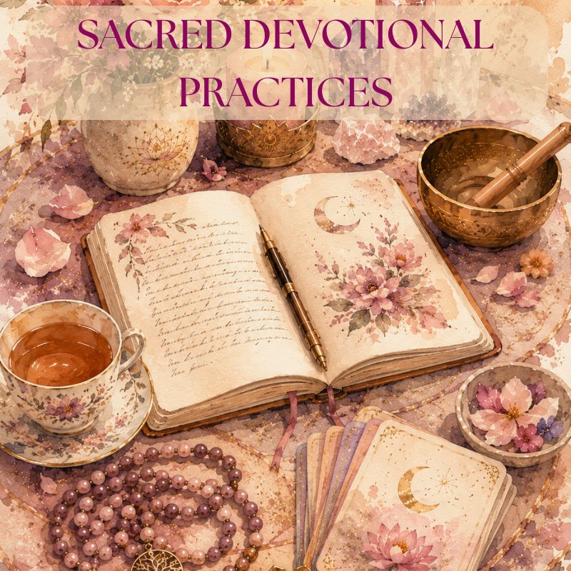 Sacred devotional altar with an open journal, candlelight, crystals, prayer beads, and spiritual tools arranged in a peaceful feminine space. 