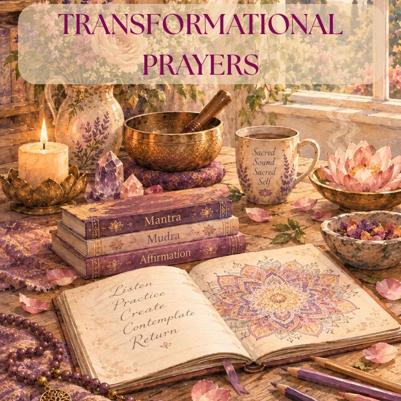 Transformational Prayers collection card featuring a watercolor devotional setting with a singing bowl, candle, mantra and mudra books, mala beads, and an open mandala journal. Text reads “Transformational Prayers.”