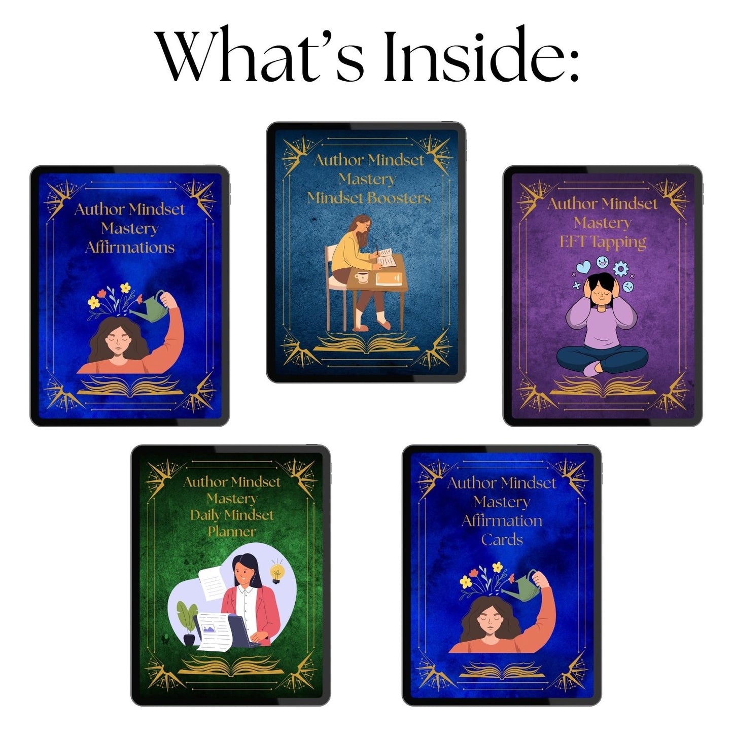 Preview of the Author Mindset Mastery Program showing five components: affirmations, mindset boosters, EFT tapping guide, daily mindset planner, and printable affirmation cards on illustrated tablet mockups.