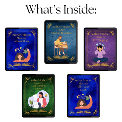 Preview of the Author Mindset Mastery Program showing five components: affirmations, mindset boosters, EFT tapping guide, daily mindset planner, and printable affirmation cards on illustrated tablet mockups.