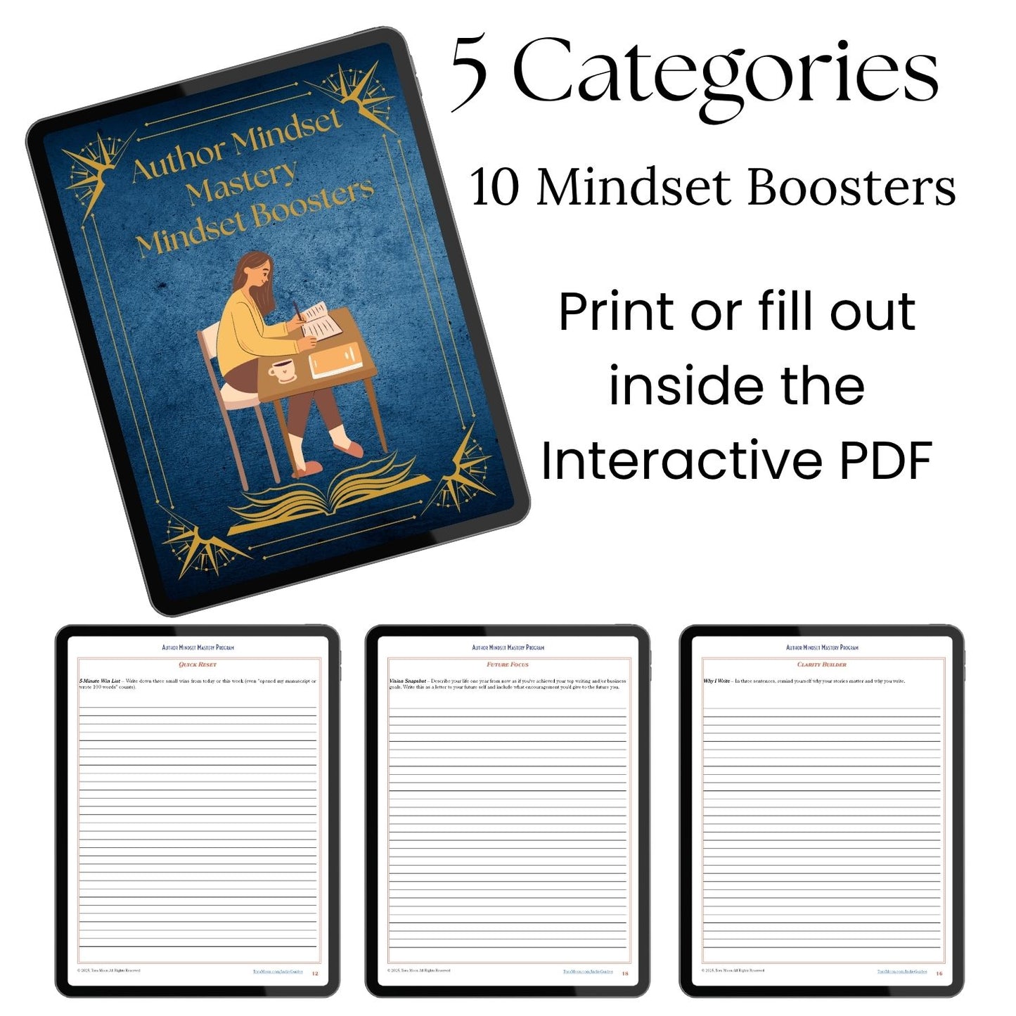 Digital preview of the Author Mindset Mastery Mindset Boosters, showing 10 guided boosters across five categories with printable and fillable workbook pages.