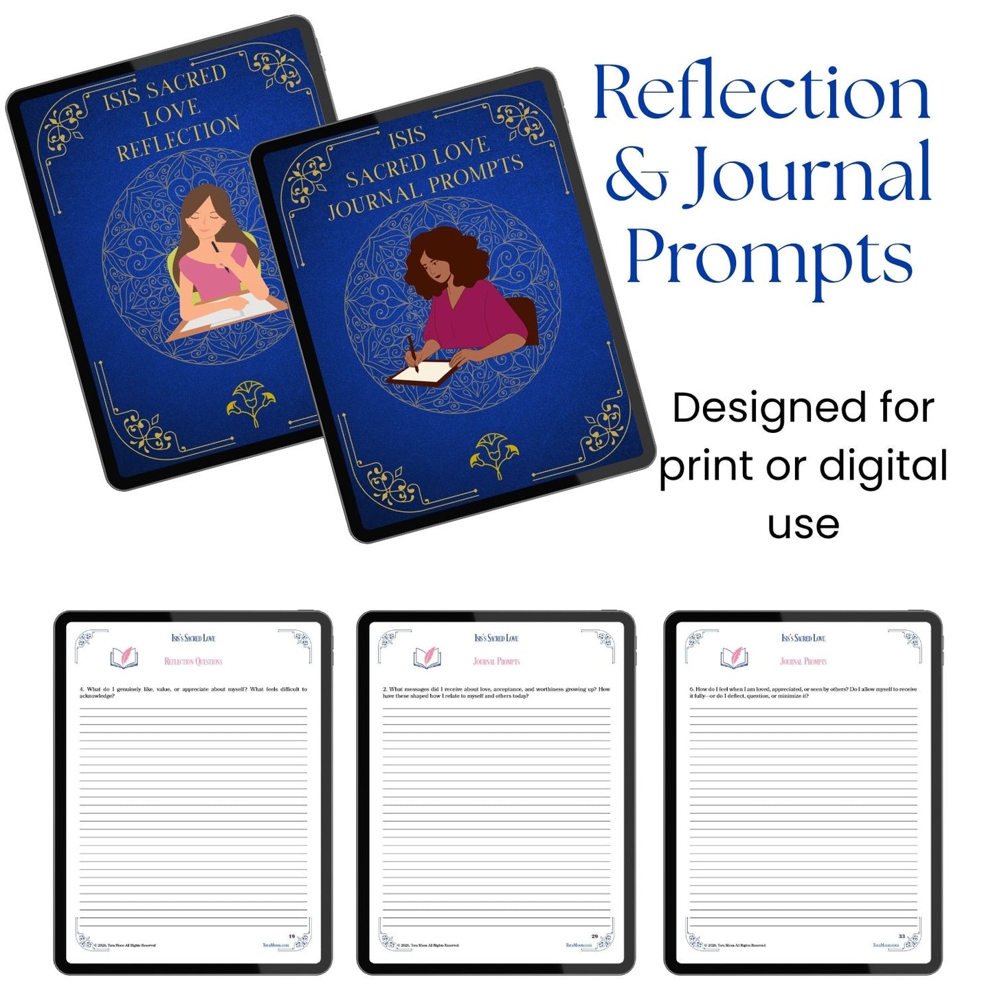 Reflection and journaling prompts from Isis's Sacred Love, designed for thoughtful written exploration of self-love, wholeness, and inner beliefs through print or digital use.