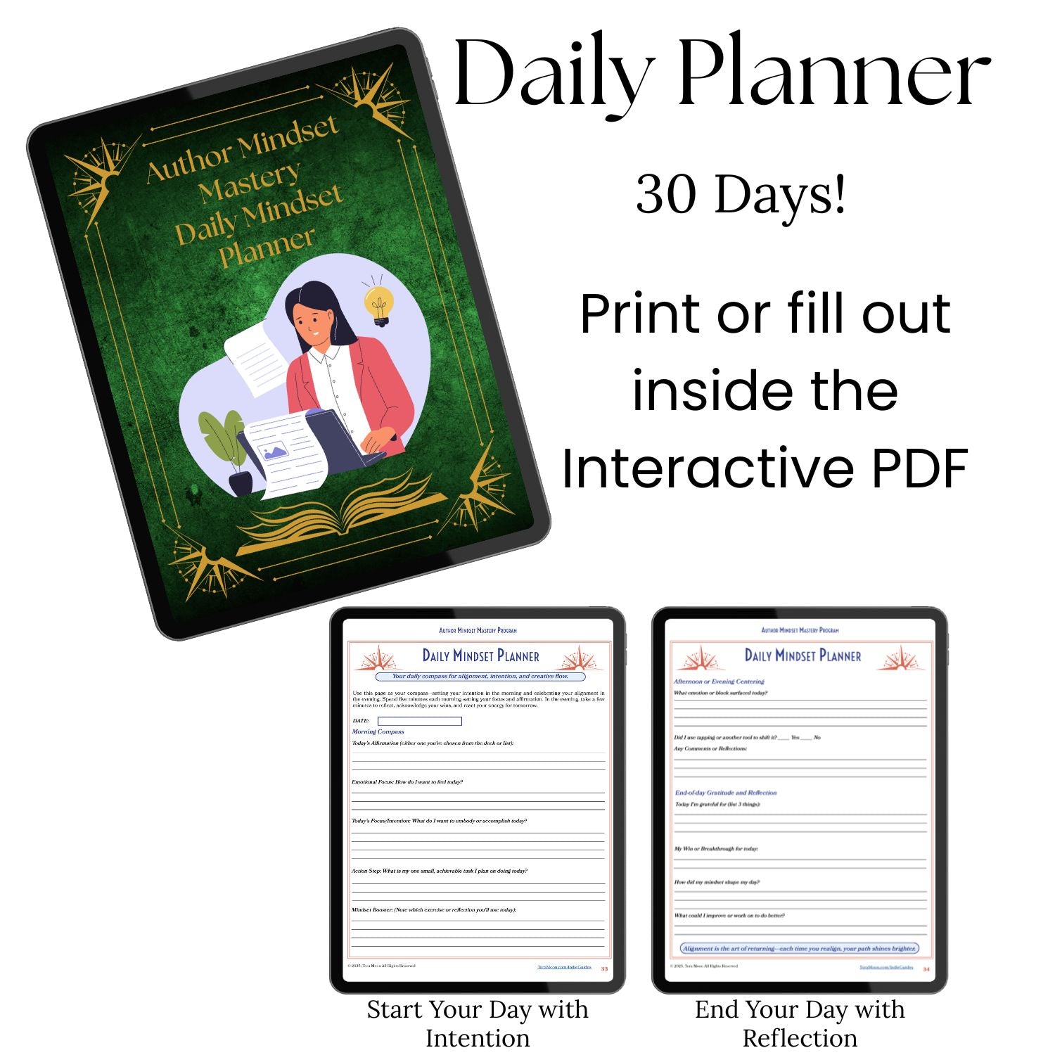 Author Mindset Mastery 30-day daily mindset planner preview with morning intention-setting and evening reflection pages, available as a printable or fillable PDF.