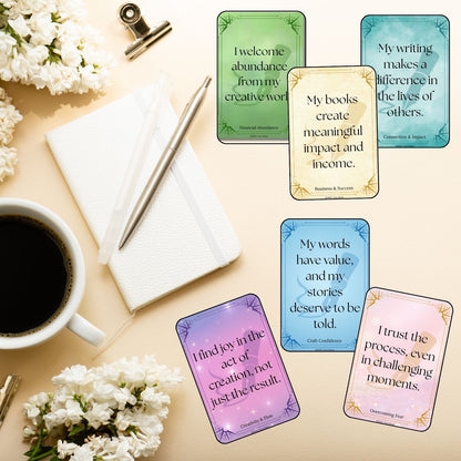A lifestyle flatlay of Author Mindset Mastery affirmation cards arranged on a creative workspace with flowers, a notebook, pens, and coffee, highlighting affirmations for authors.