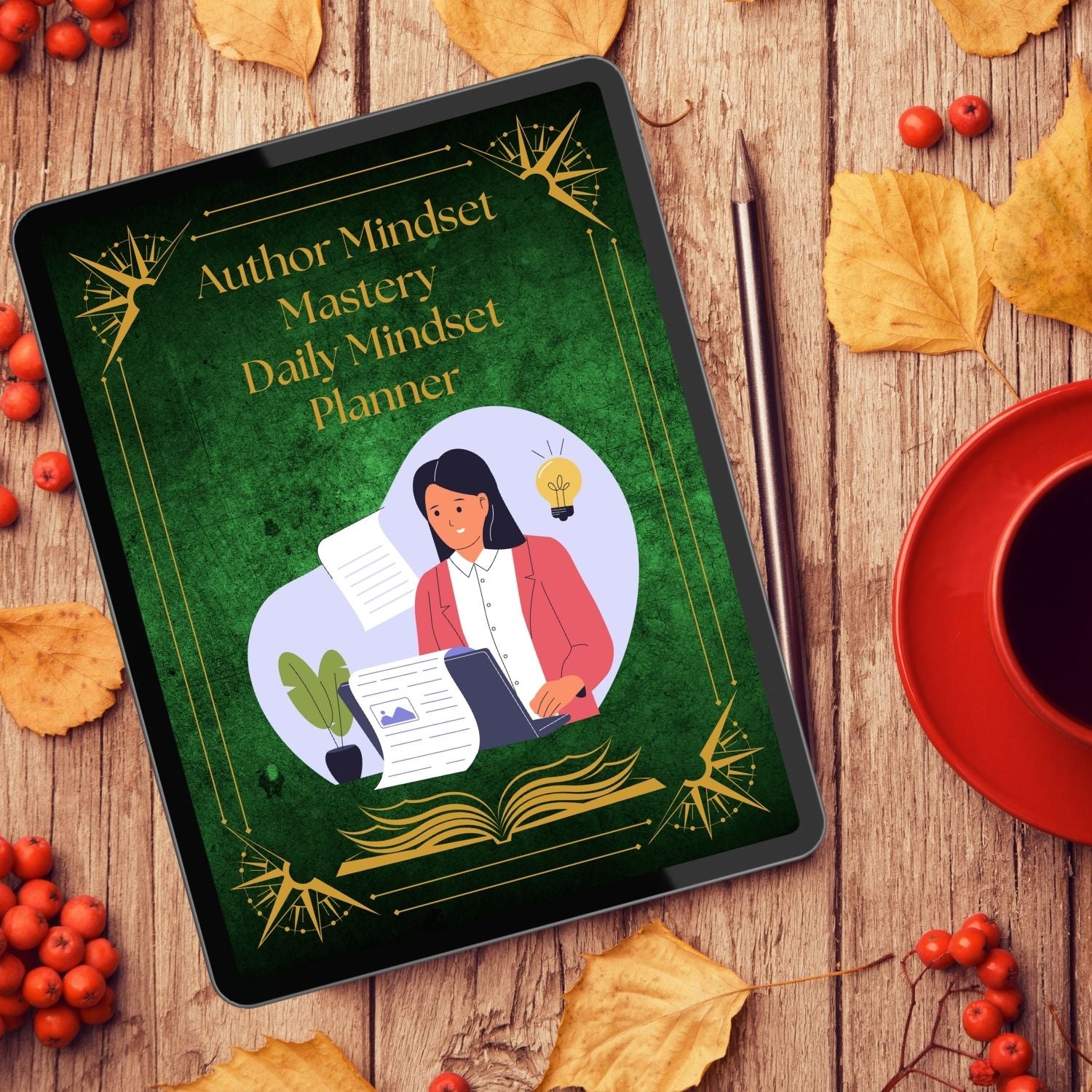 A lifestyle mockup of the Author Mindset Mastery Daily Mindset Planner displayed on a tablet among autumn leaves, a red mug, and a pen, representing creative ritual and seasonal inspiration.