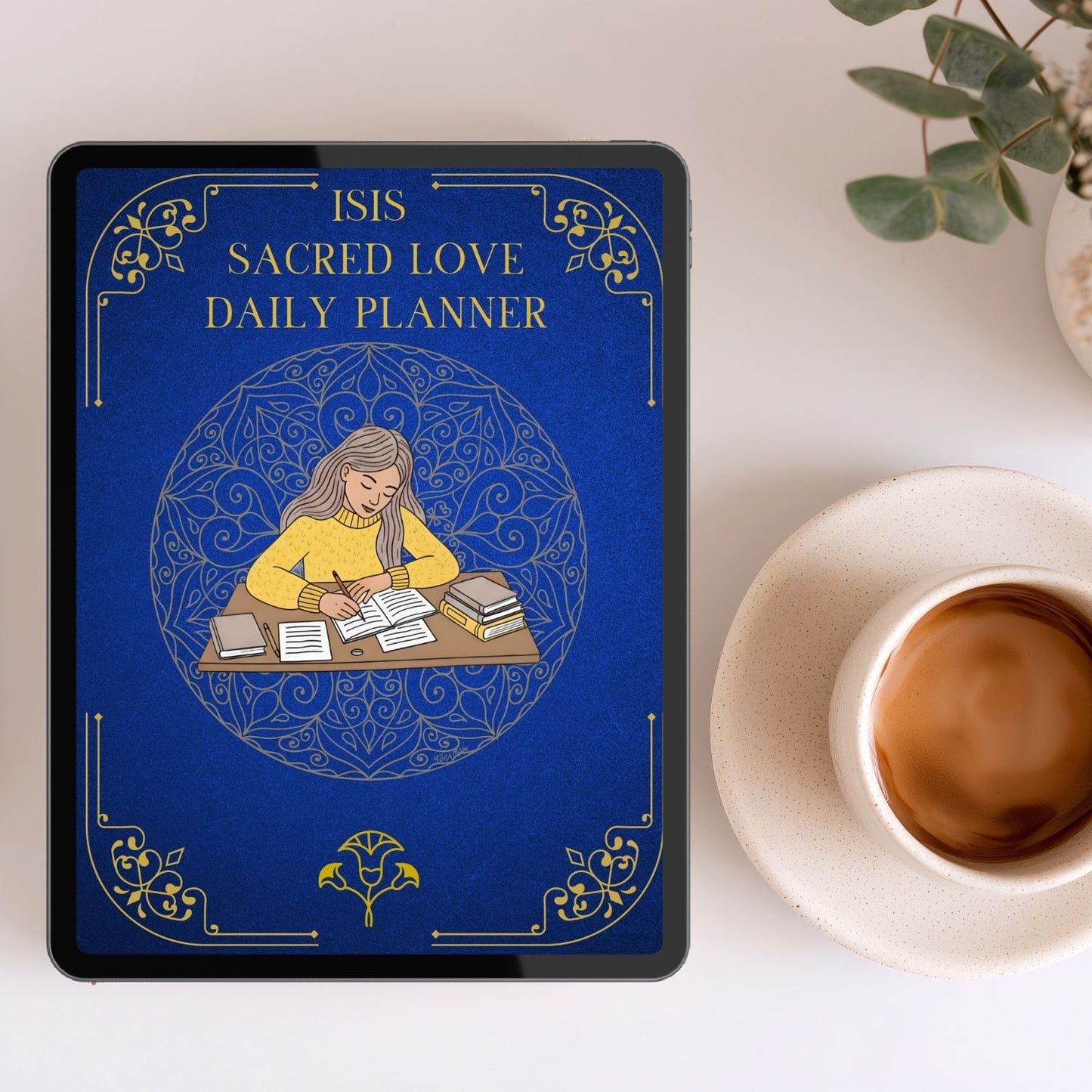 Isis’s Sacred Love Daily Planner shown on a tablet beside a cup of coffee, representing a daily devotional planning practice for cultivating self-love, acceptance, and wholeness