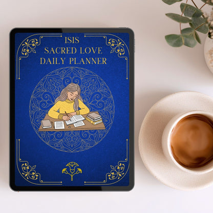 Isis’s Sacred Love Daily Planner shown on a tablet beside a cup of coffee, representing a daily devotional planning practice for cultivating self-love, acceptance, and wholeness