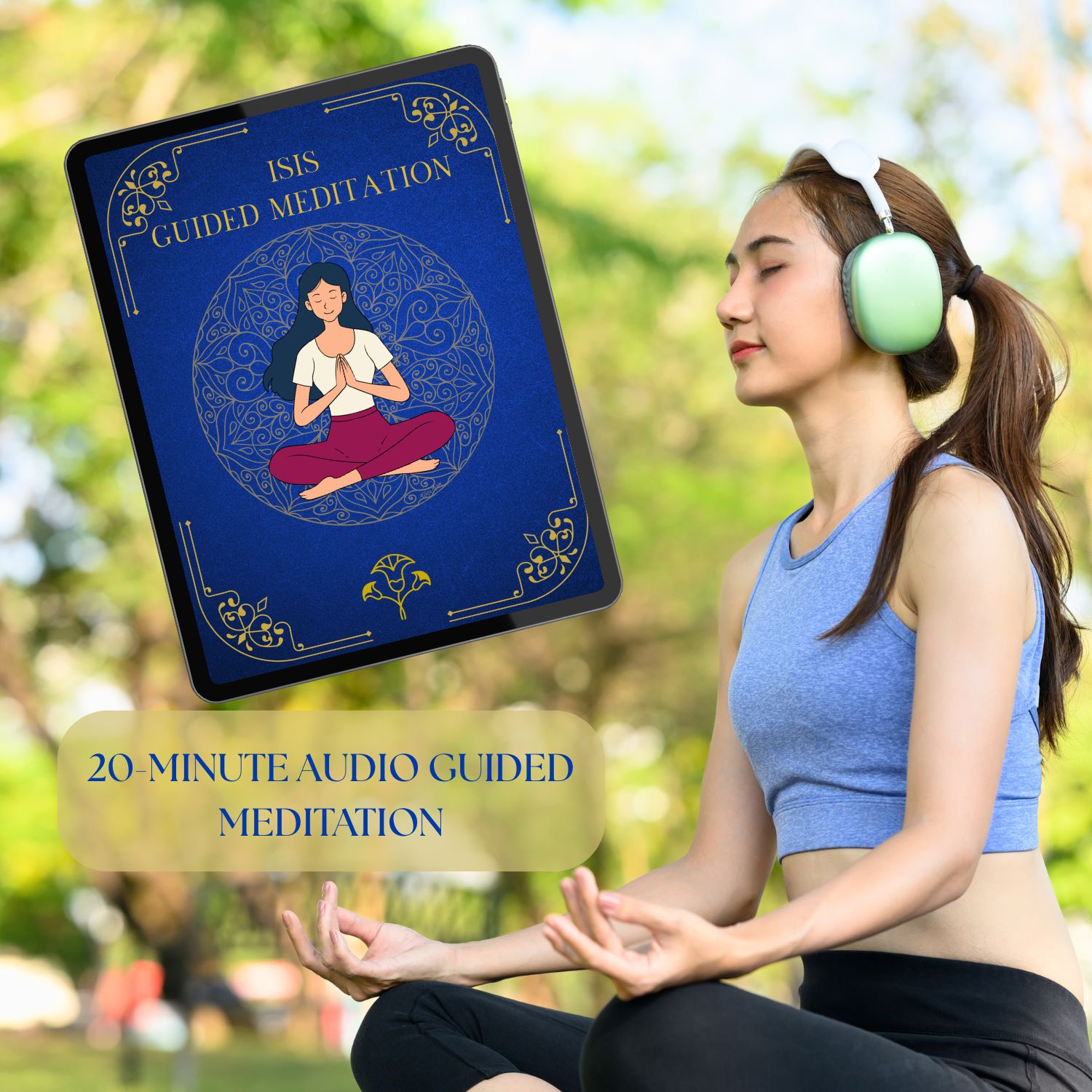 Woman listening to the Isis Guided Meditation with headphones outdoors, illustrating a 20-minute audio meditation for self-love, grounding, and embodied devotional practice