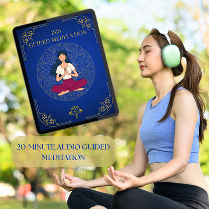 Woman listening to the Isis Guided Meditation with headphones outdoors, illustrating a 20-minute audio meditation for self-love, grounding, and embodied devotional practice