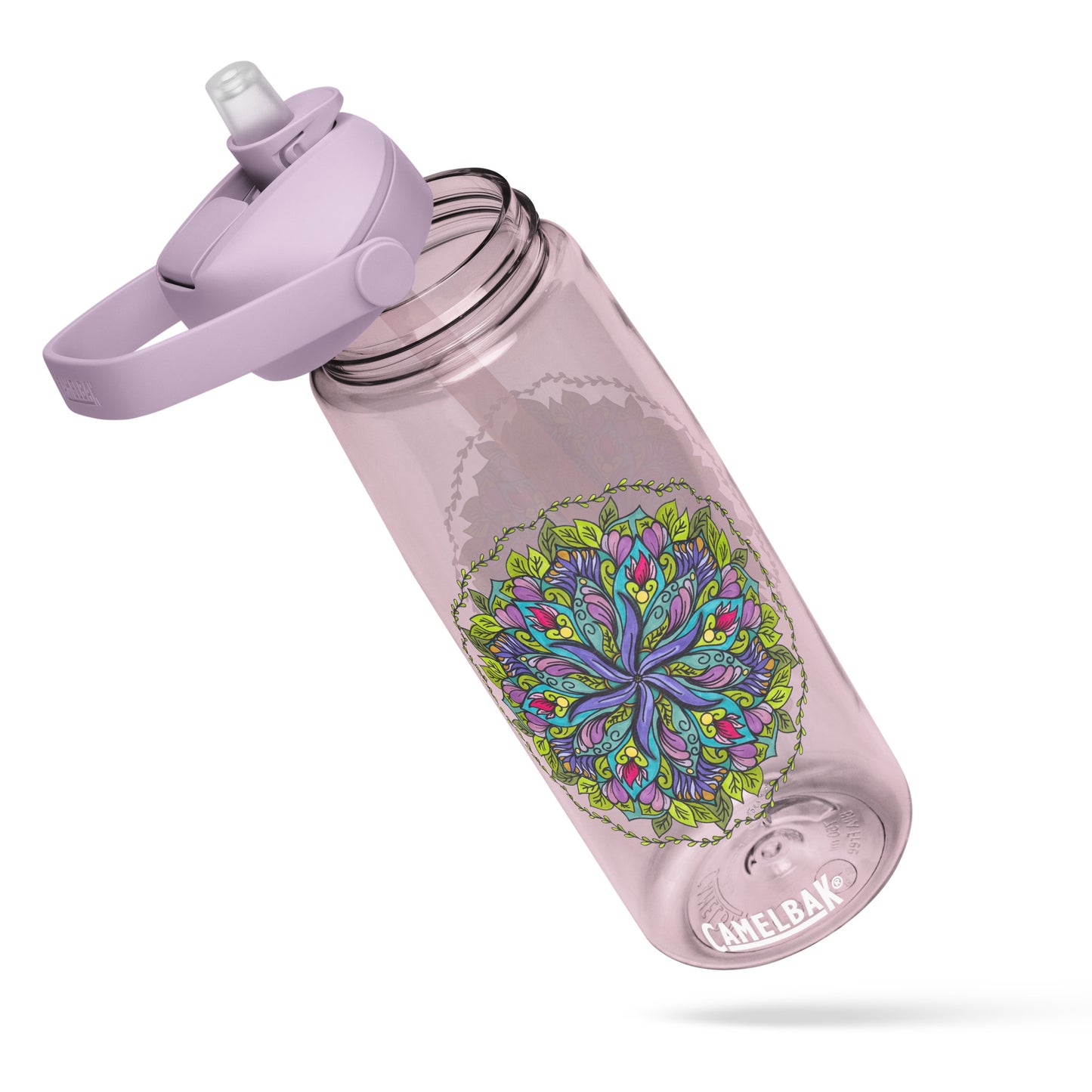 Bloom in Balance Swirling Flower Mandala Flip Straw Water Bottle purple sky