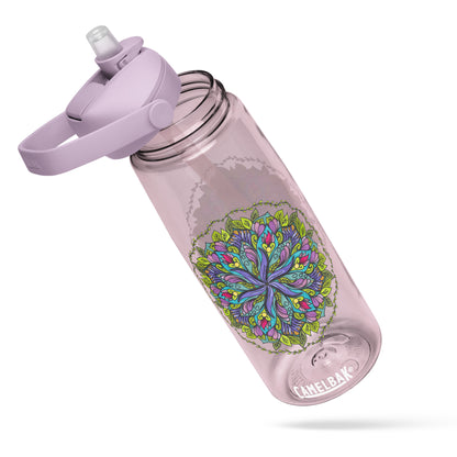 Bloom in Balance Swirling Flower Mandala Flip Straw Water Bottle purple sky