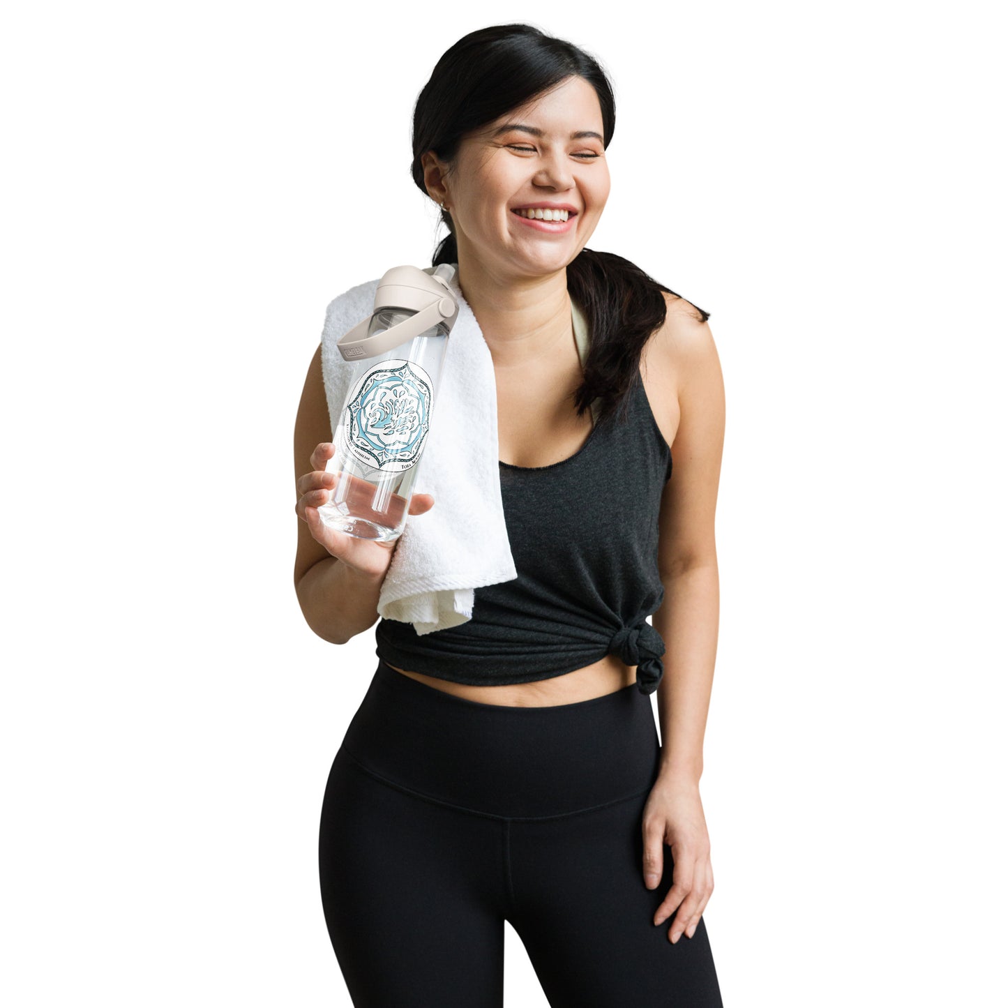 Woman in athletic wear holding a Blue Talent Mandala Flip Straw Water Bottle clear