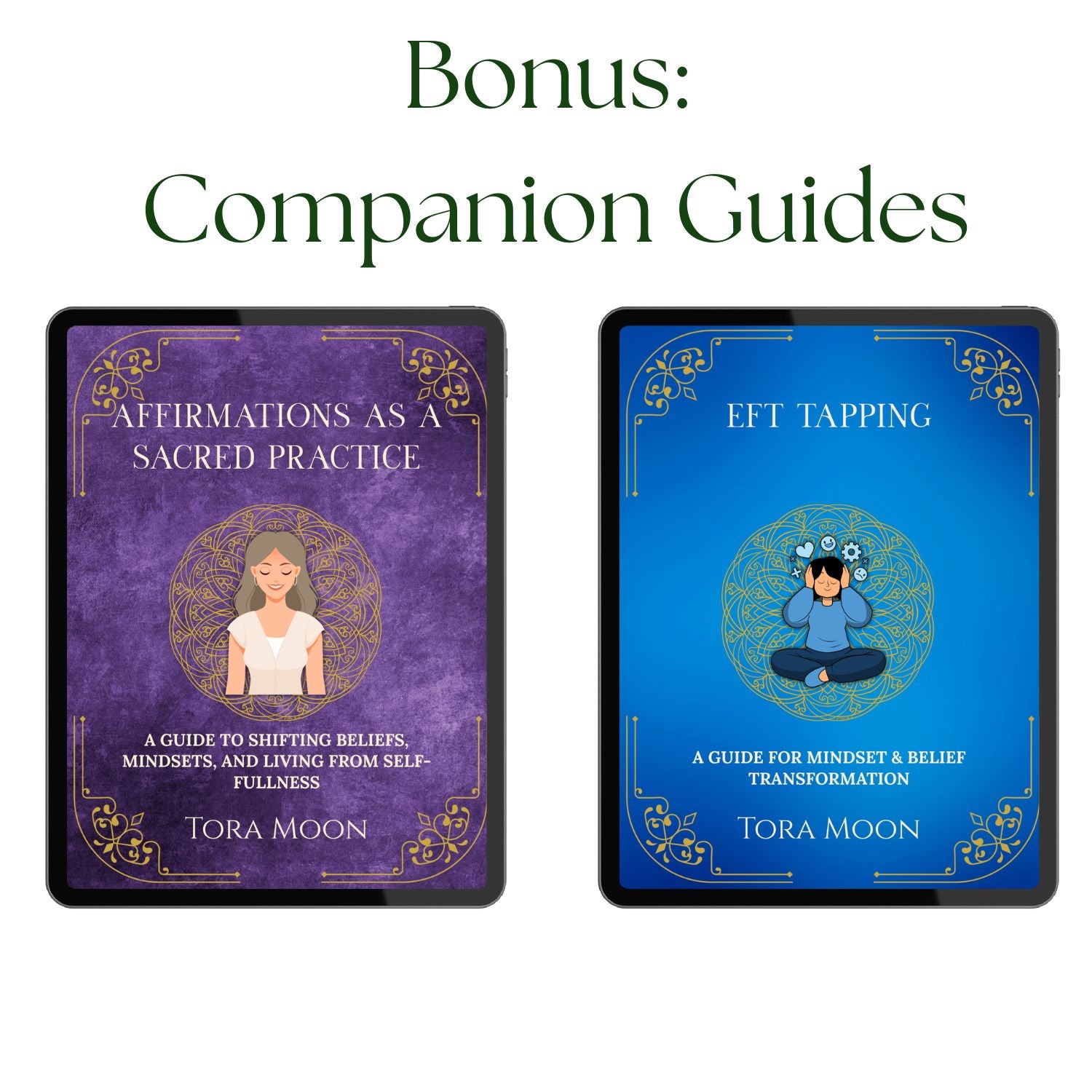 Bonus companion guides included with Lakshmi Sacred Abundance Guide, featuring Affirmations as a Sacred Practice and EFT Tapping for mindset and belief transformation in a goddess-based devotional framework