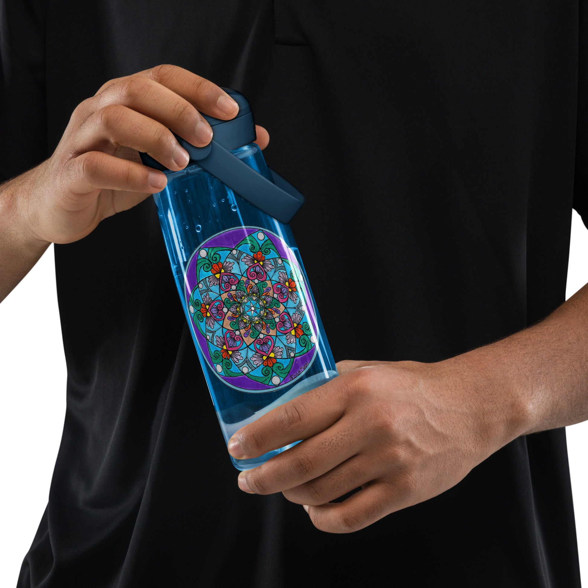 Person holding a Elemental 7-Petal Mandala Flip Straw Water Bottle -oxford blue