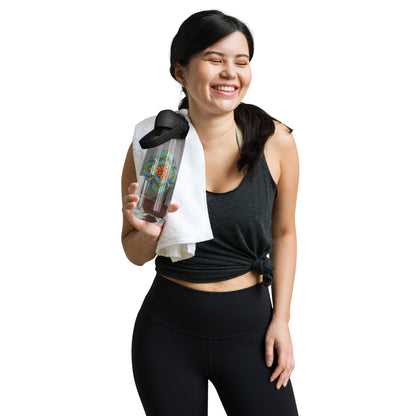 Woman in athletic wear holding Fiery Radiance Mandala Flip Straw Water Bottle charcoal
