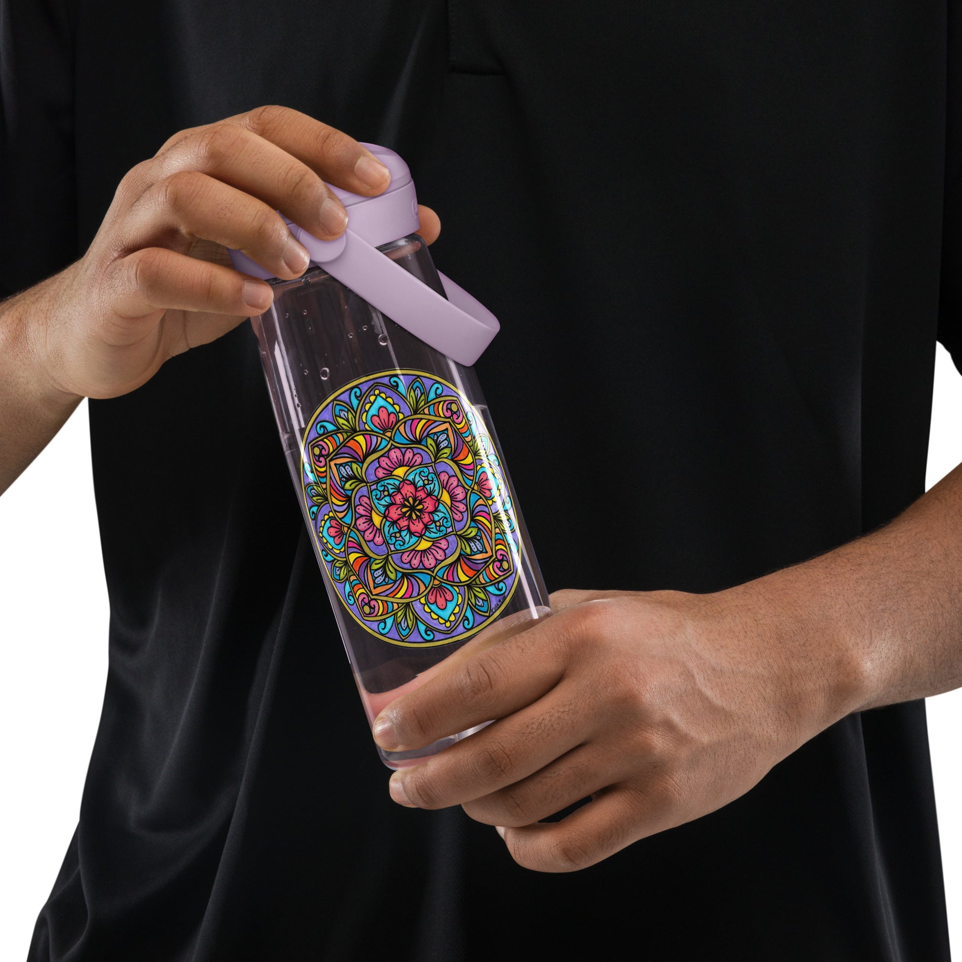 Person holding a Floral Scrolls Mandala Flip Straw Water Bottle purple sky