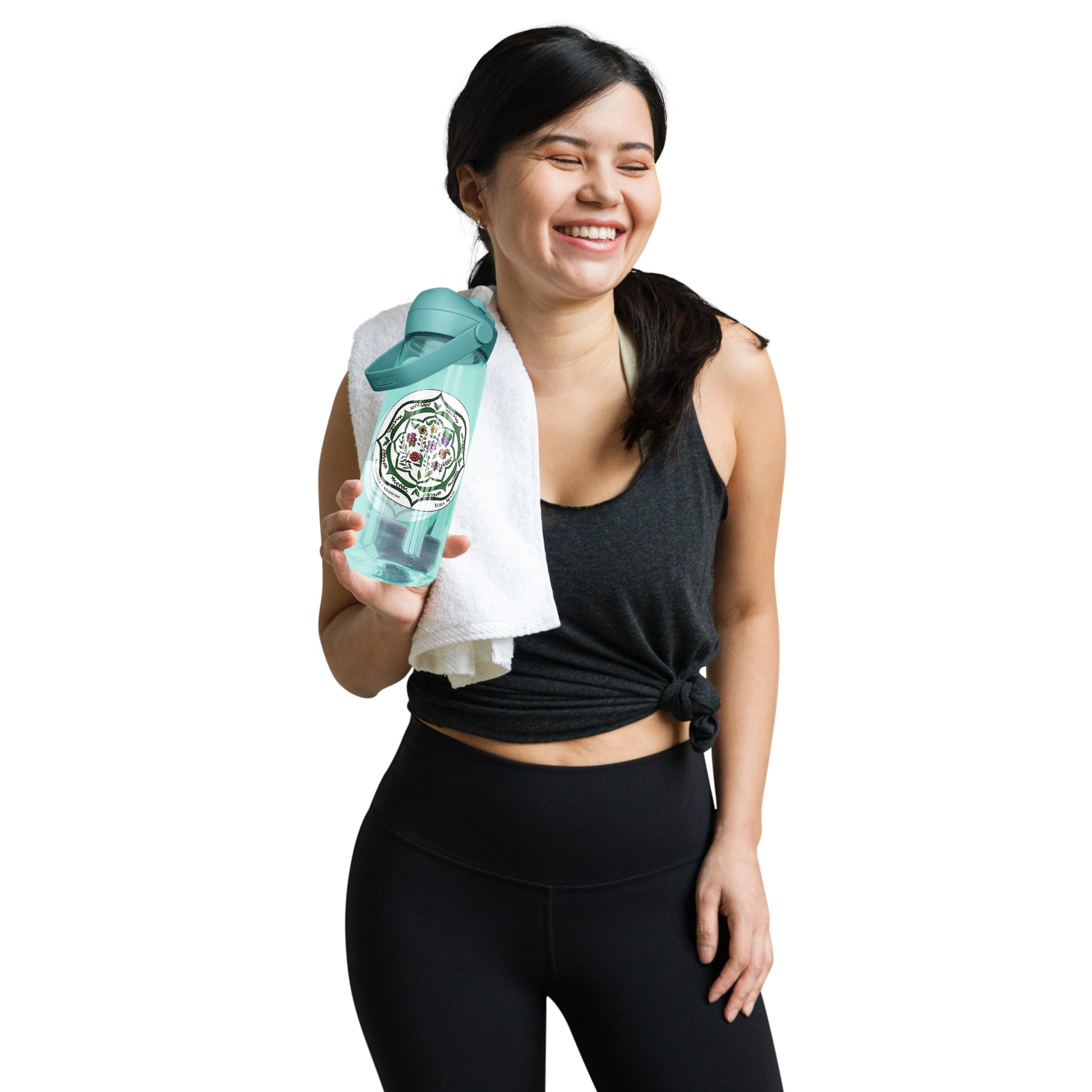 Woman in athletic wear holding a Green Talent Mandala Flip Straw Water Bottle cove blue