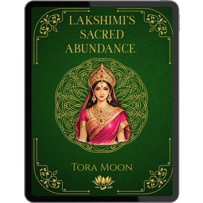 Cover image of Lakshmi’s Sacred Abundance, an embodied devotional abundance practice featuring the Goddess Lakshmi on a green and gold mandala background, part of the Goddess Mindset Transformation Guides by Tora Moon.